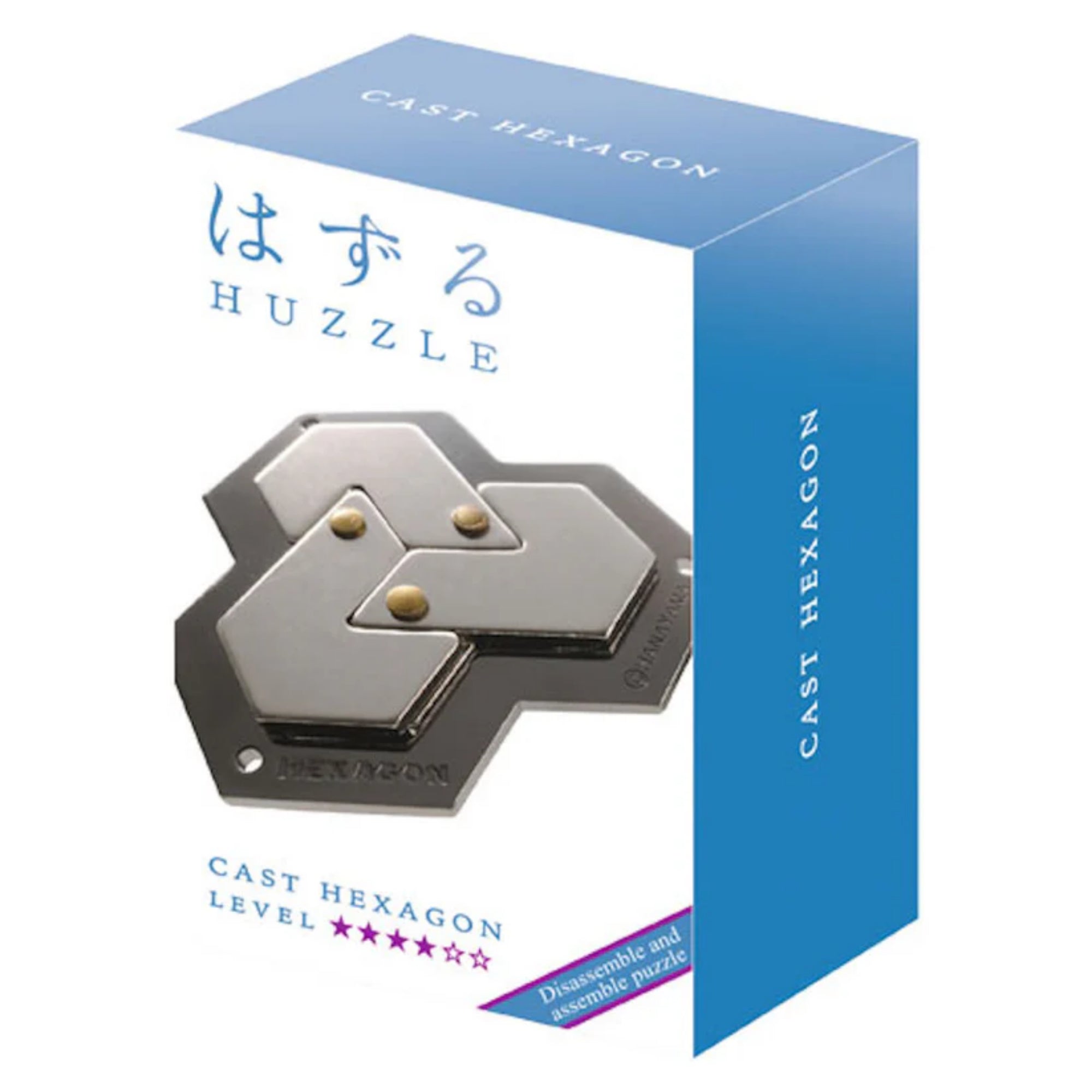 A Huzzle Cast HEXAGON logikai játék kék-fehér csomagolása, amelyen a kirakott puzzle és a nehézségi szint is látható.
