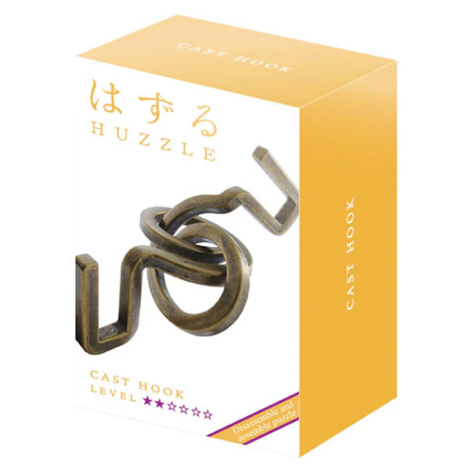 A Huzzle Cast HOOK kirakós sárga-fehér színű csomagolása, rajta a termék neve és a kirakó bonyolultsági szintje (2/6 csillag), valamint a bronz színű puzzle képe.