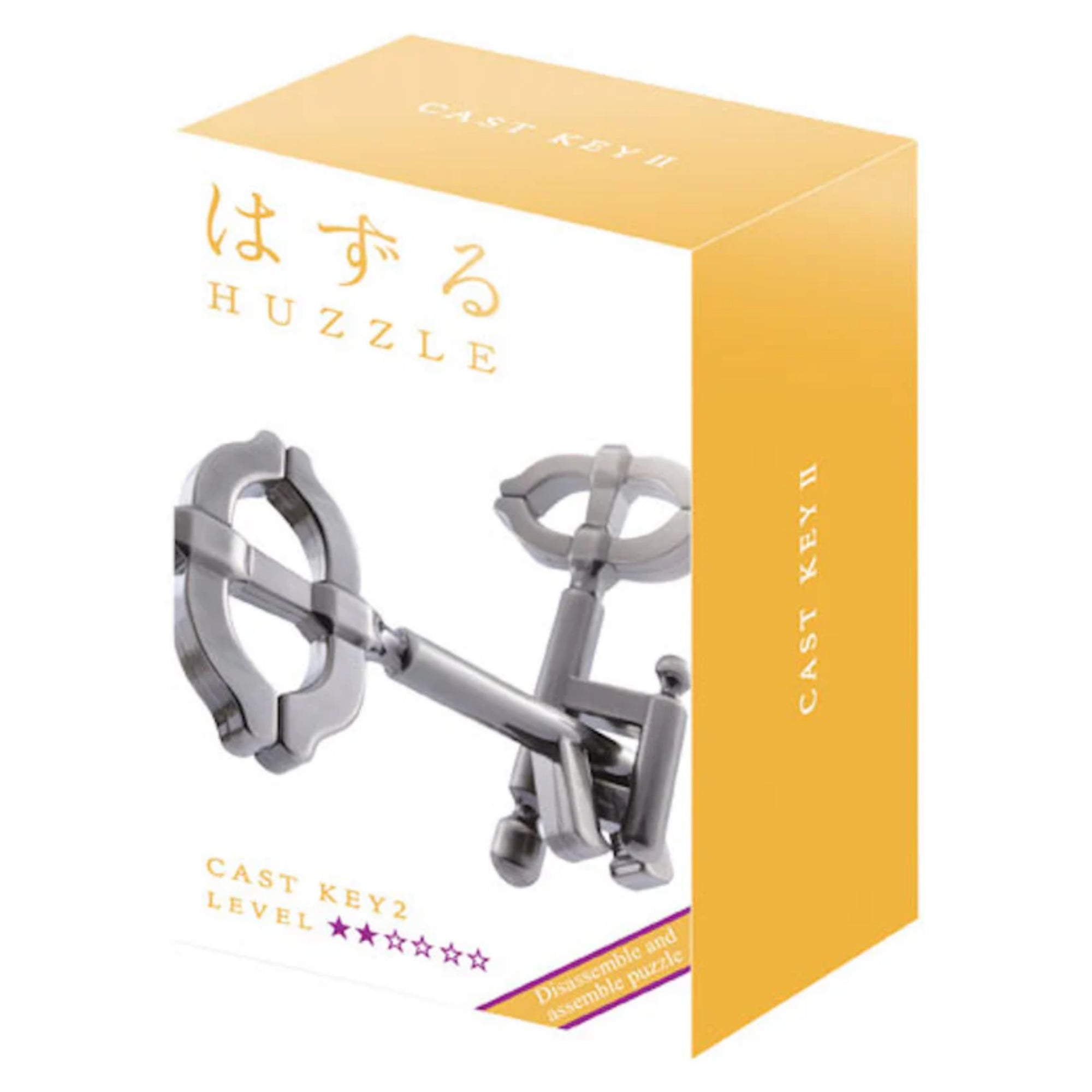 A Huzzle Cast Key II doboza, amely a fém fejtörő képét és a nehézségi szintet (★★☆☆☆) is ábrázolja.