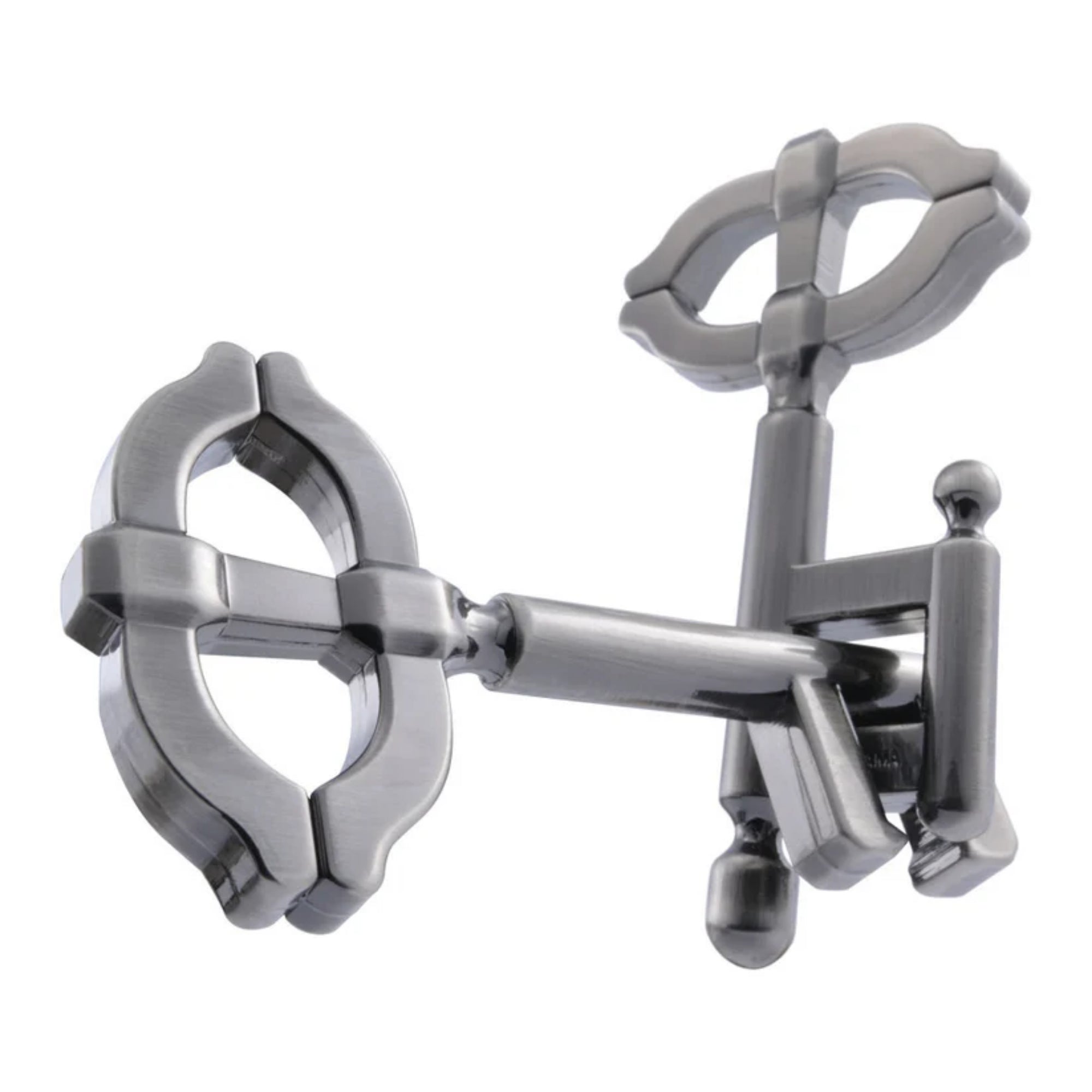 A Huzzle Cast Key II logikai fém fejtörő kulcs alakú elemekkel, összerakott állapotban, elegáns ezüst színű kivitelben.