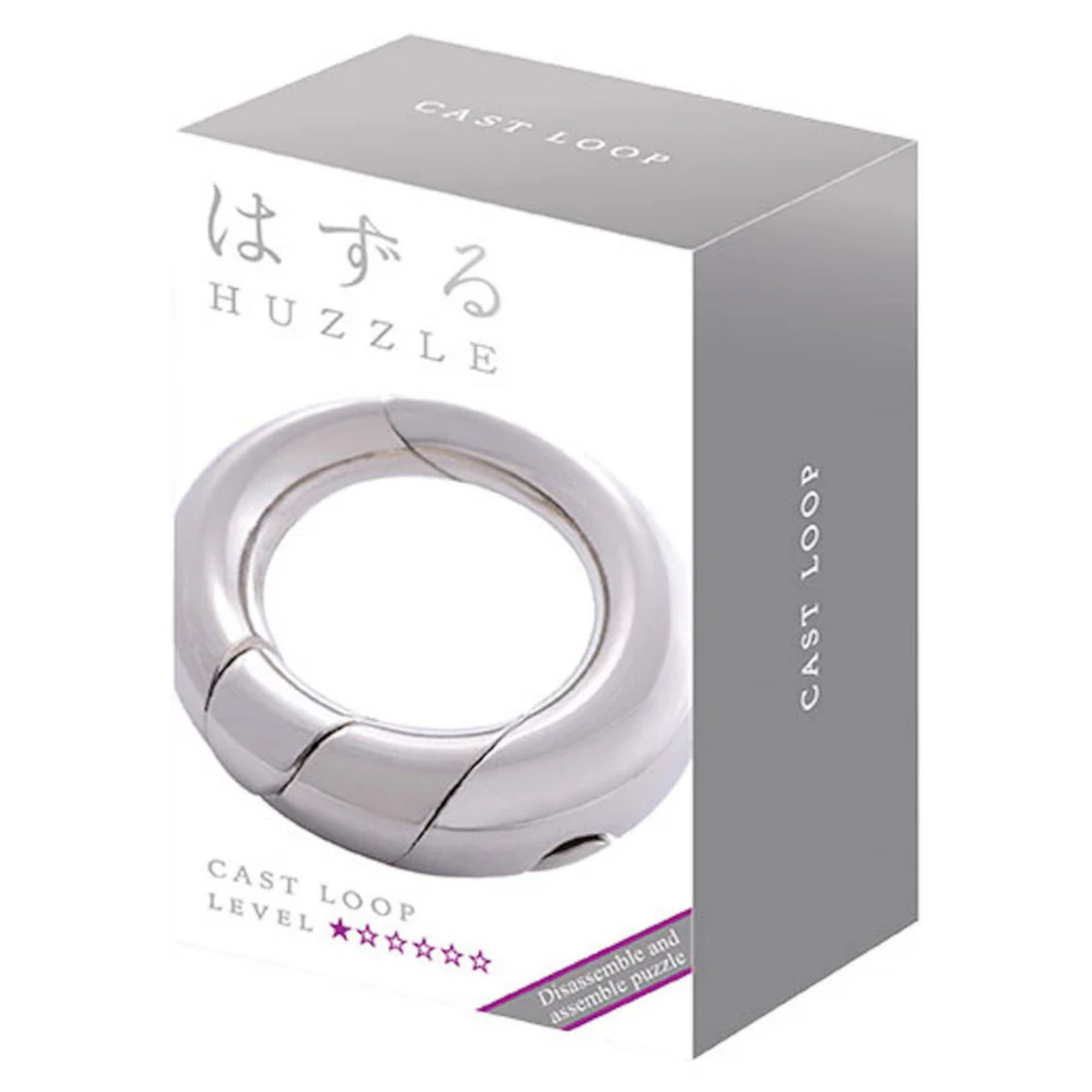 A Huzzle Cast LOOP doboza, rajta a termék képe és nehézségi szint jelölése, japán felirattal.

