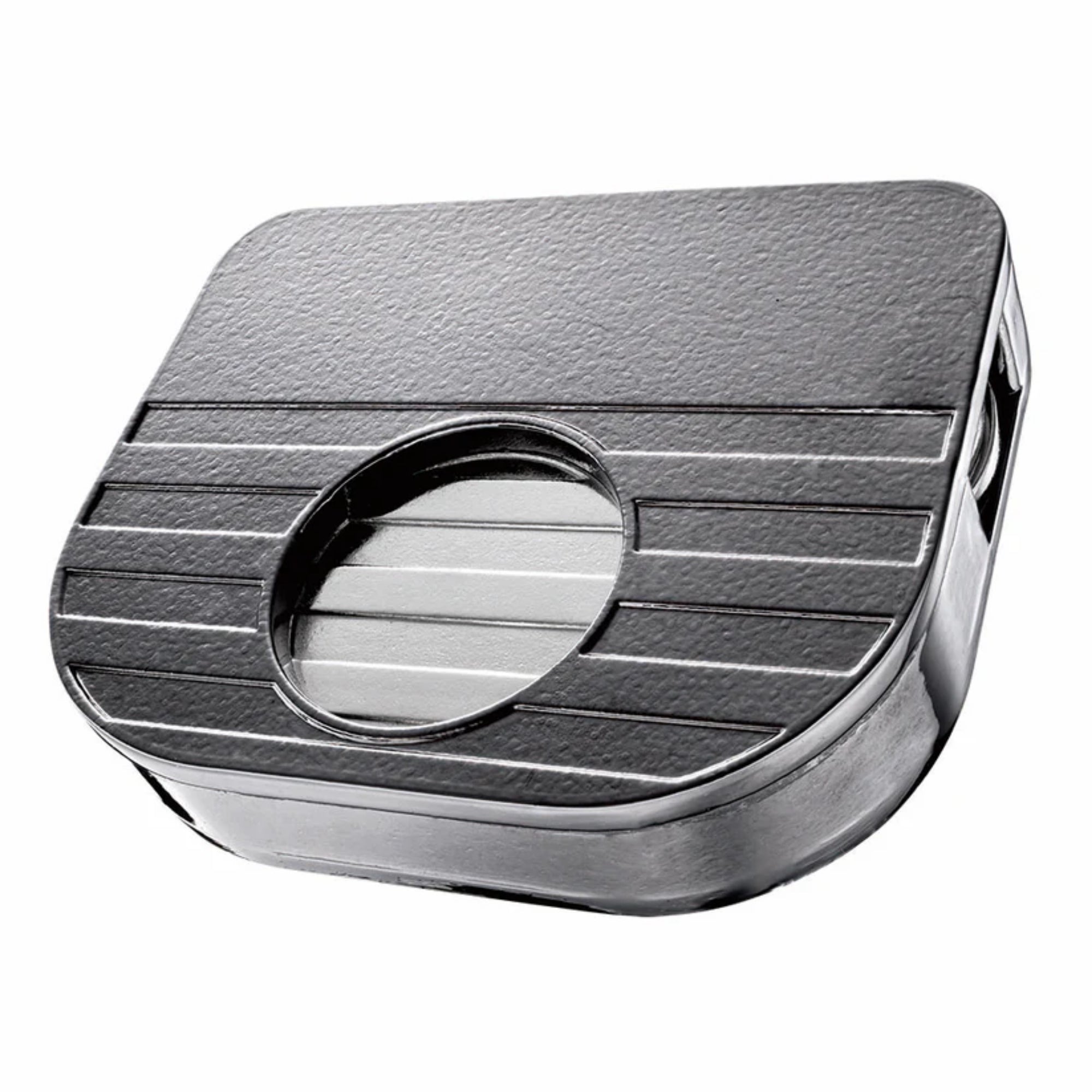 Hanayama Huzzle Cast Wallet fém logikai puzzle perspektivikus nézetben, masszív fémből készült, kör alakú középső mechanizmussal.