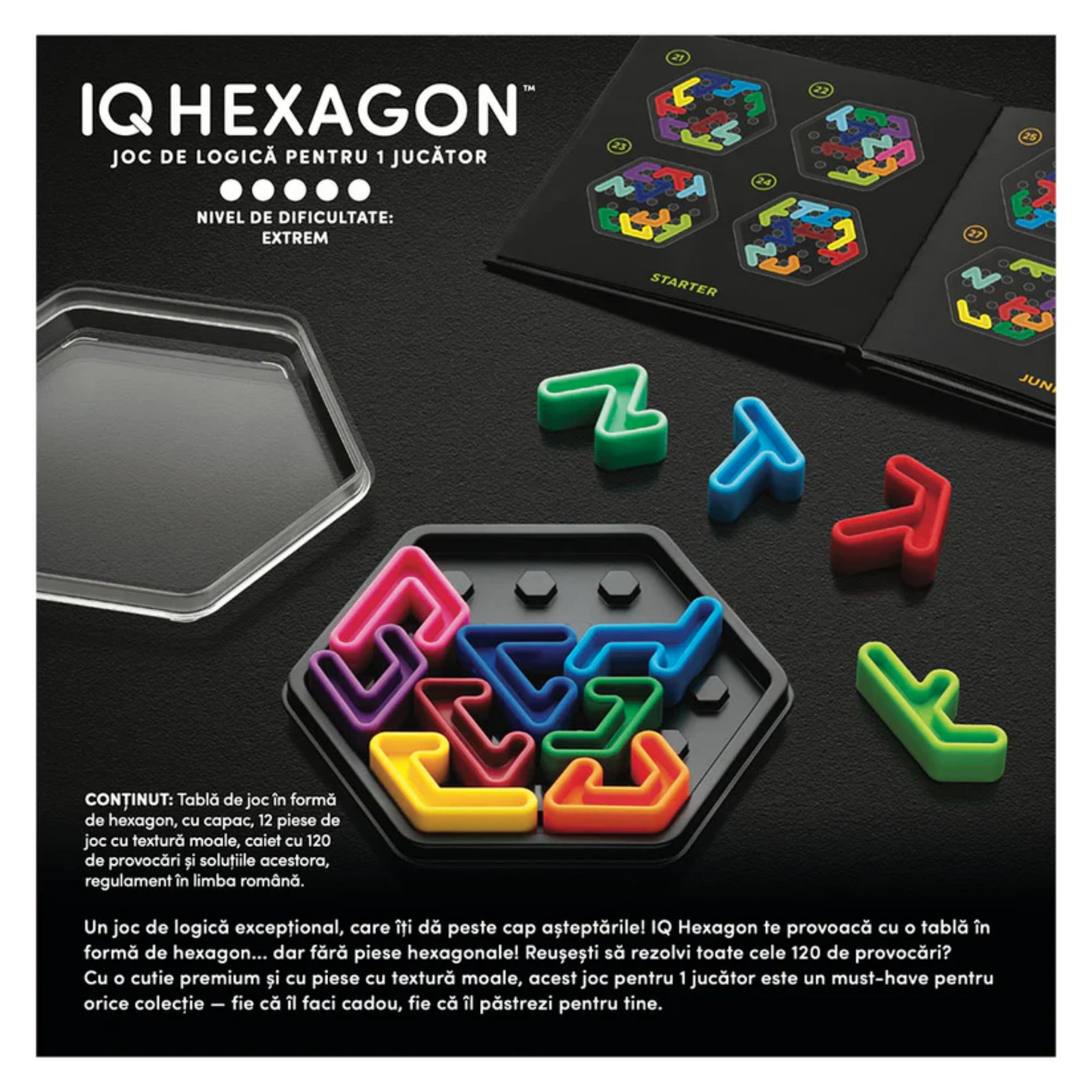 Az IQ Hexagon logikai játék elemei, a hatszög alakú tábla, színes darabok és a feladványfüzet látható kiterítve.