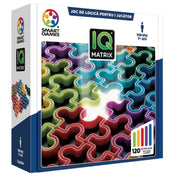 Az IQ Matrix társasjáték doboza látható, rajta a színes, egymáshoz illeszkedő puzzle-darabok képével, valamint Smart Games logóval és információkkal, amelyek szerint 120 kihívást tartalmaz 7 éves kortól.


