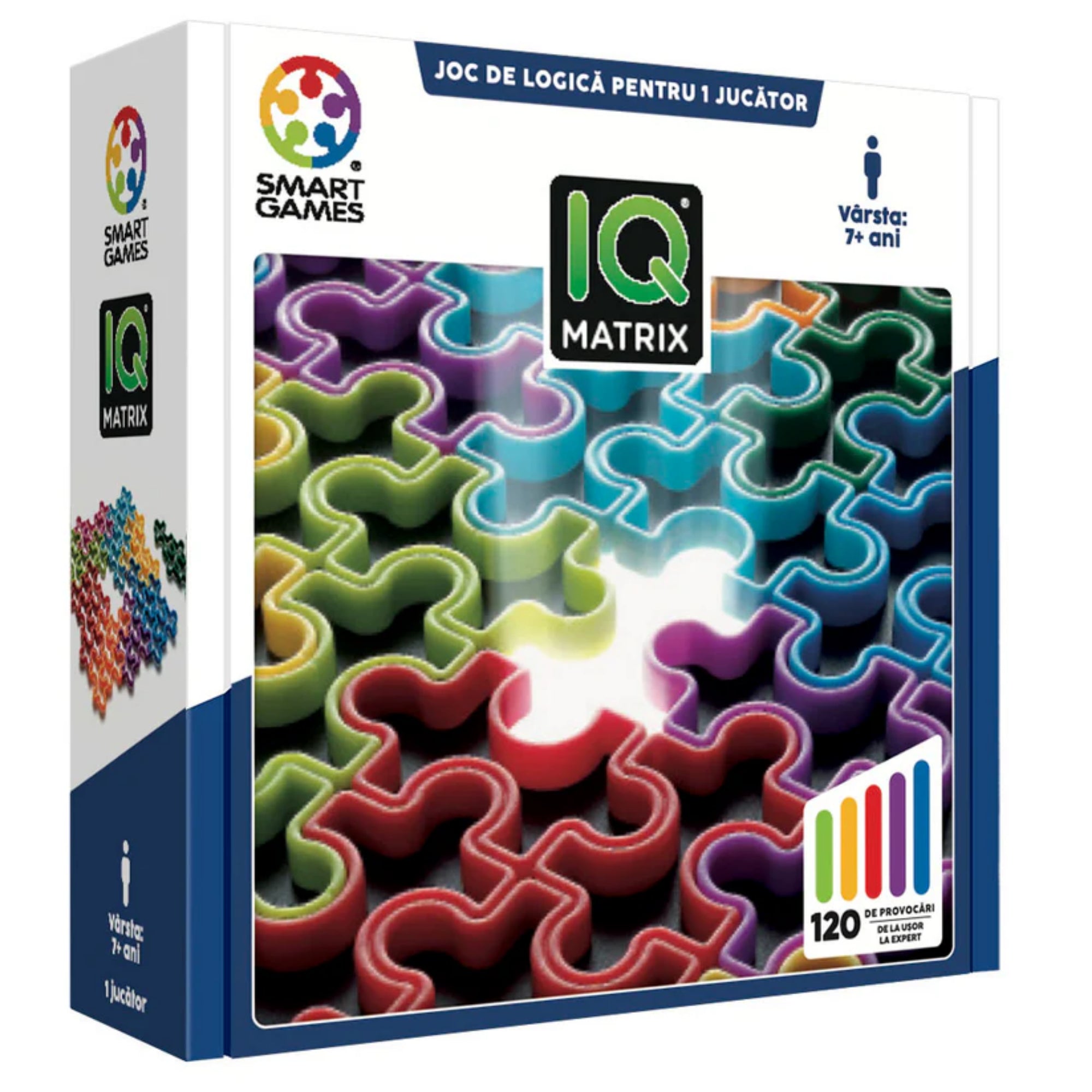 Az IQ Matrix társasjáték doboza látható, rajta a színes, egymáshoz illeszkedő puzzle-darabok képével, valamint Smart Games logóval és információkkal, amelyek szerint 120 kihívást tartalmaz 7 éves kortól.

