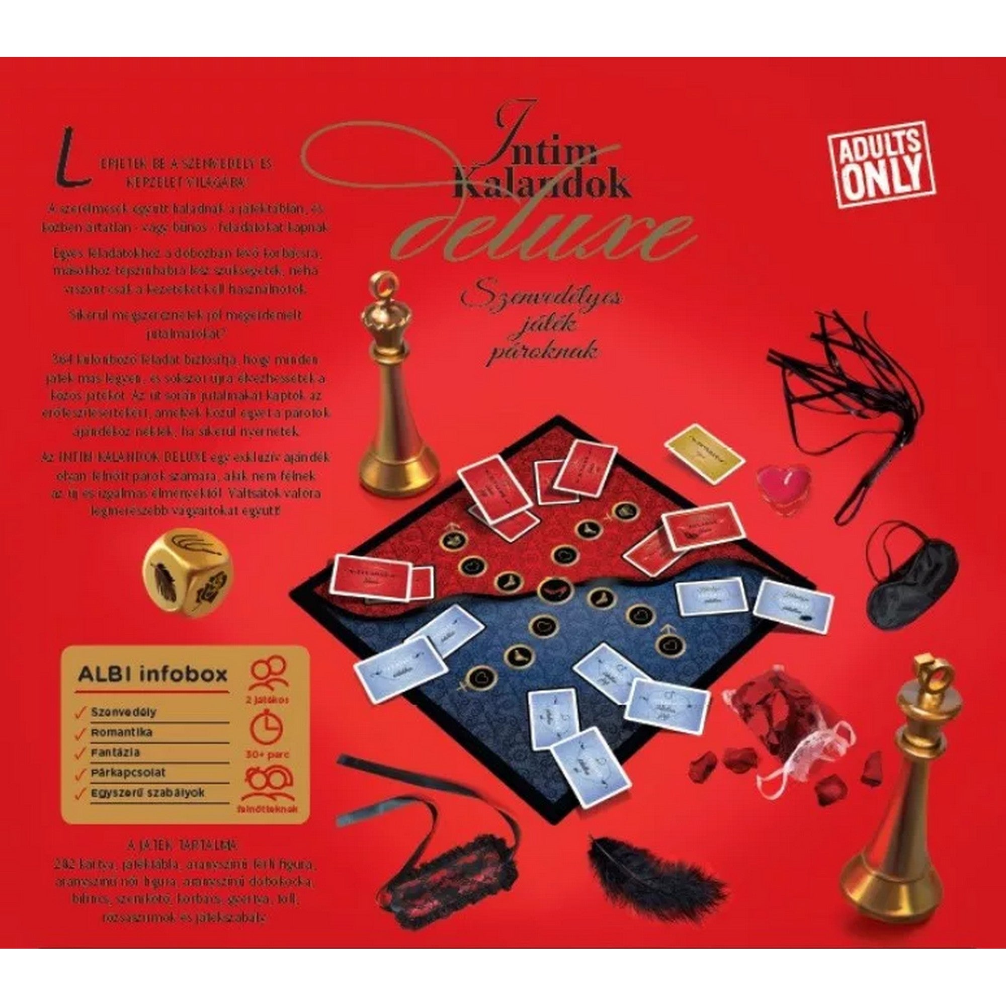 Intim kalandok Deluxe társasjáték tartalma, játéktábla, kártyák, dobókocka és romantikus kiegészítők piros háttéren.