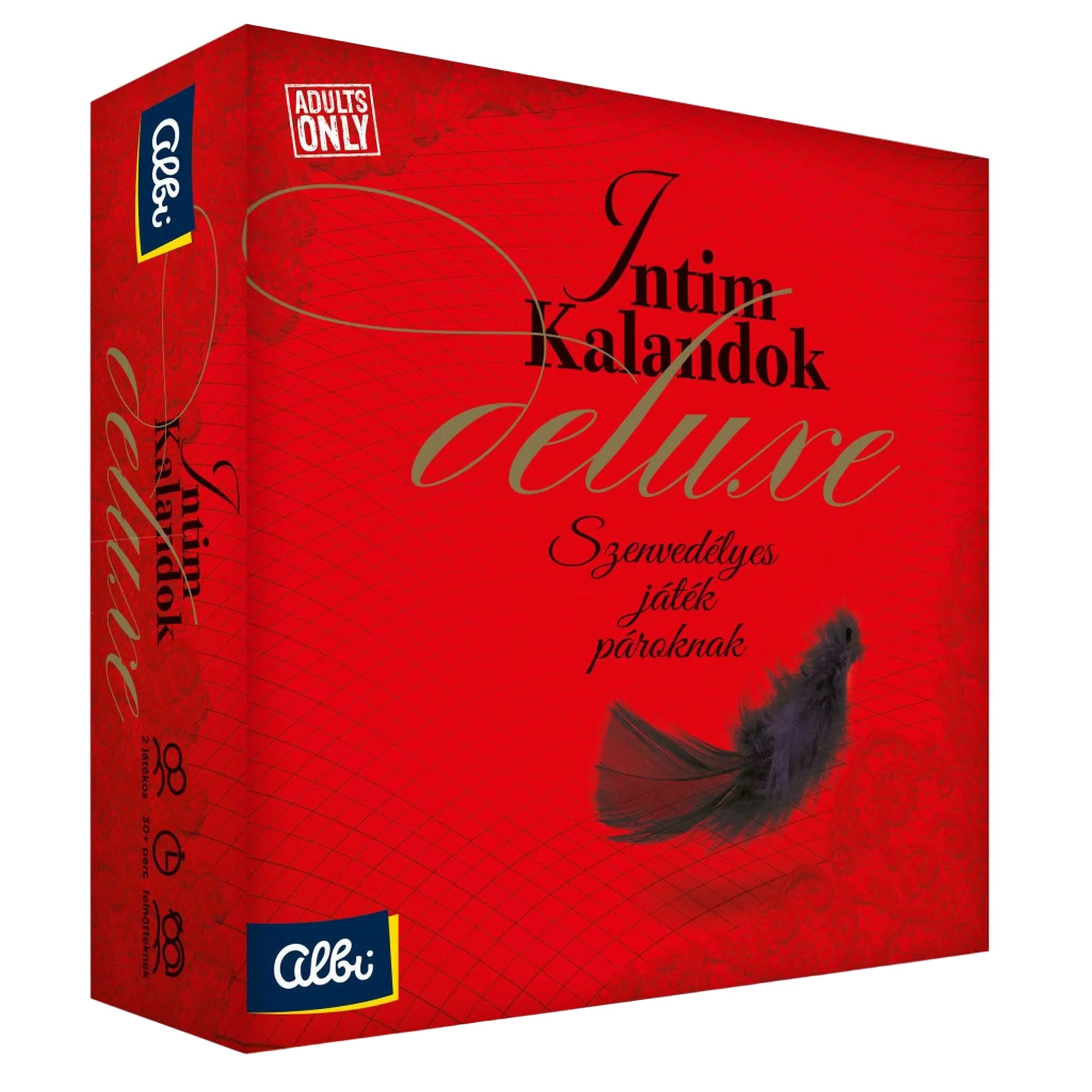 Intim kalandok Deluxe társasjáték doboz, piros háttérrel, elegáns felirattal és tollas kiegészítő grafikával.