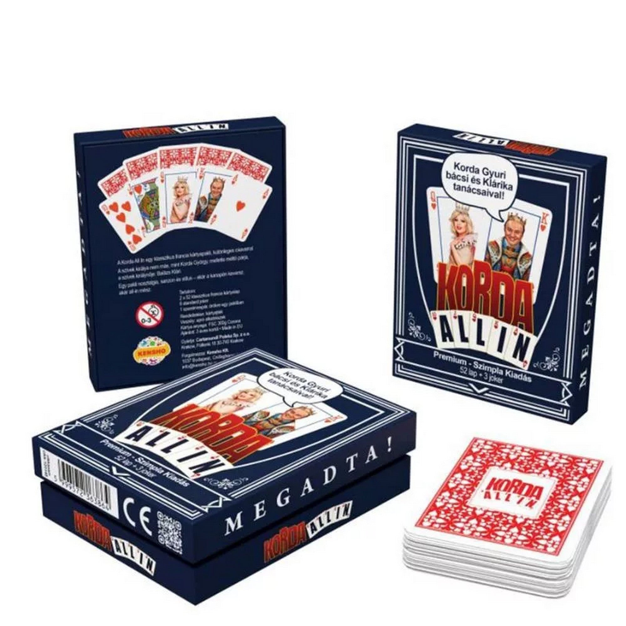 Korda All In prémium francia kártya szett dobozzal, több nézetből bemutatva, a kártyalapokkal együtt.