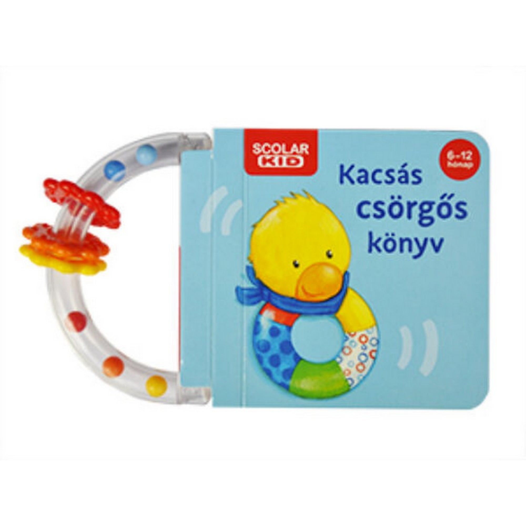 Scolar Kid Kacsás csörgős könyv borítója, világoskék alapon vidám, sárga kiskacsa illusztrációval, átlátszó csörgő fogantyúval és színes gyöngyökkel.