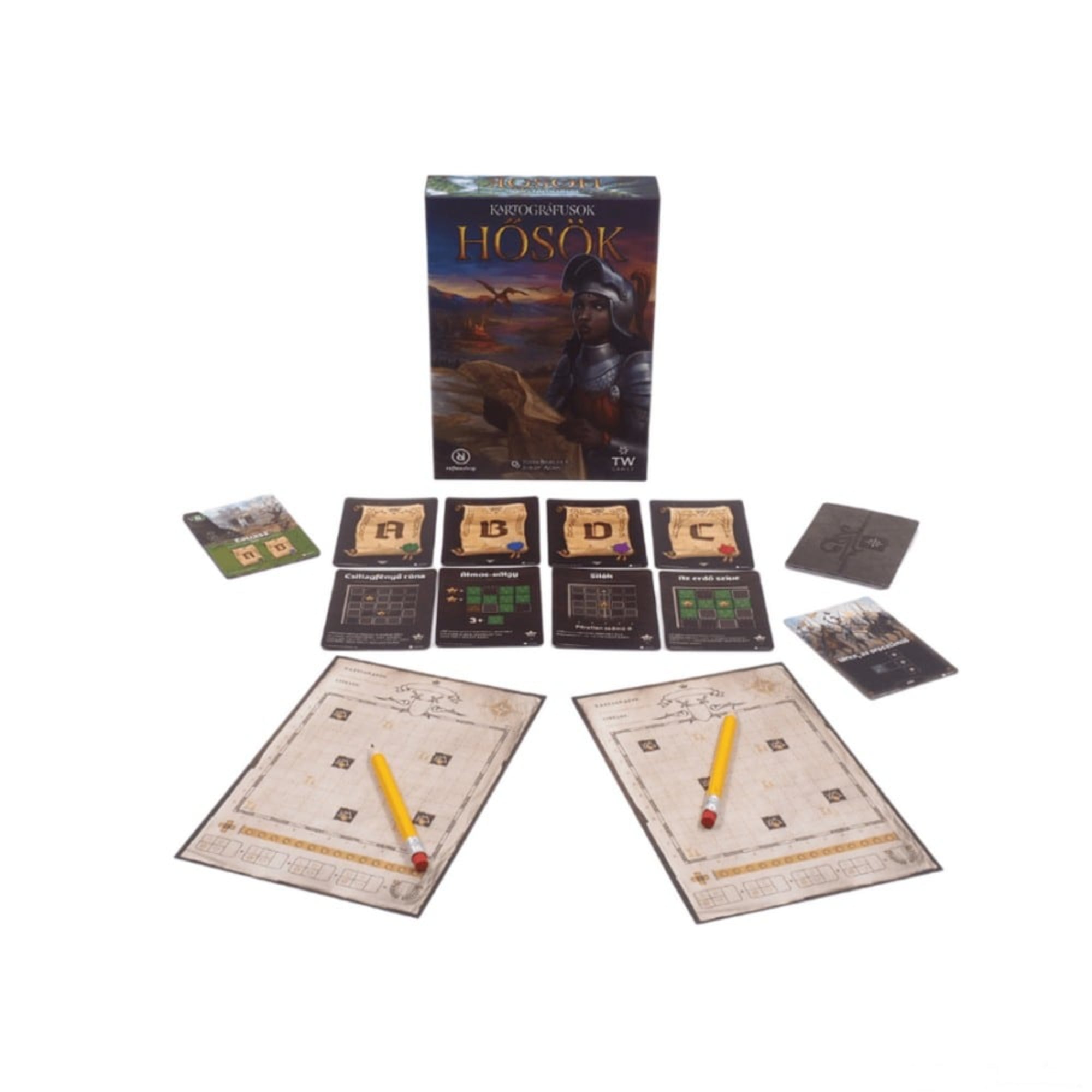 Kartográfusok Hősök társasjáték teljes tartalma: doboz, kártyák, térképlapok és ceruzák elrendezve