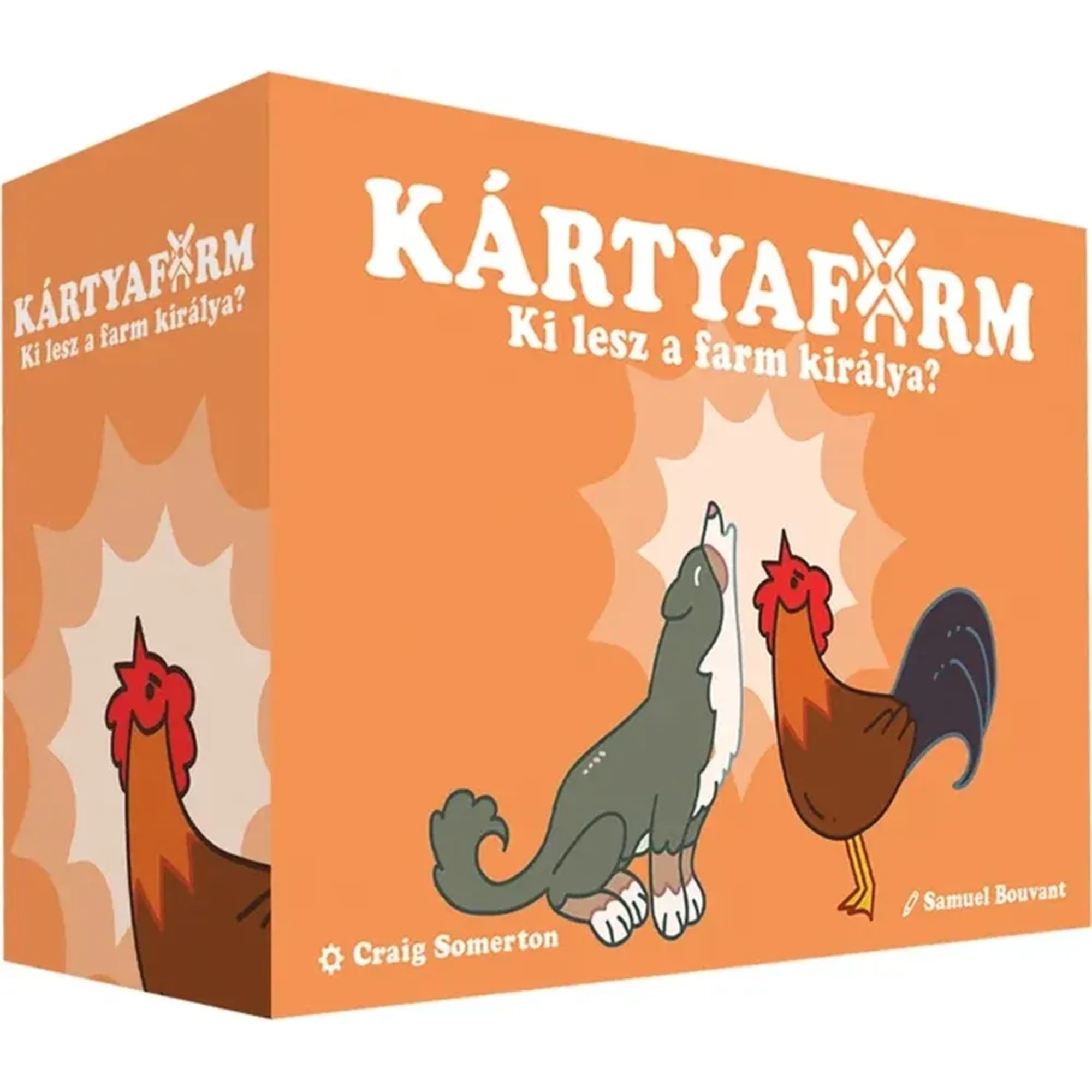 Kártyafarm társasjáték – A narancssárga játékdoboz elölnézetből, rajta farmállatos illusztrációval és a játék címe.