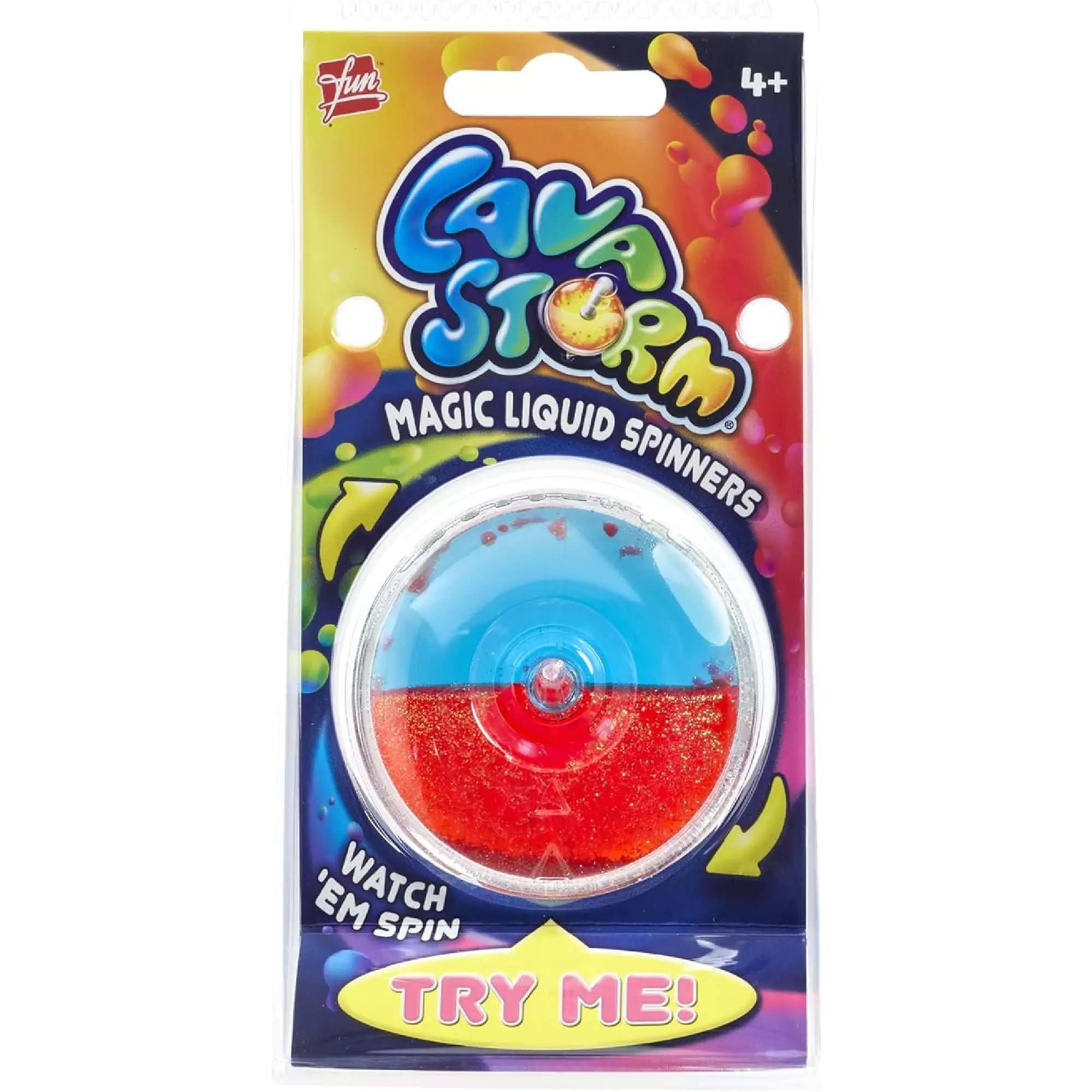 Kék és piros LavaStorm pörgettyű csomagolásban, a „Magic Liquid Spinners” felirattal és csillogó folyadékkal töltve.