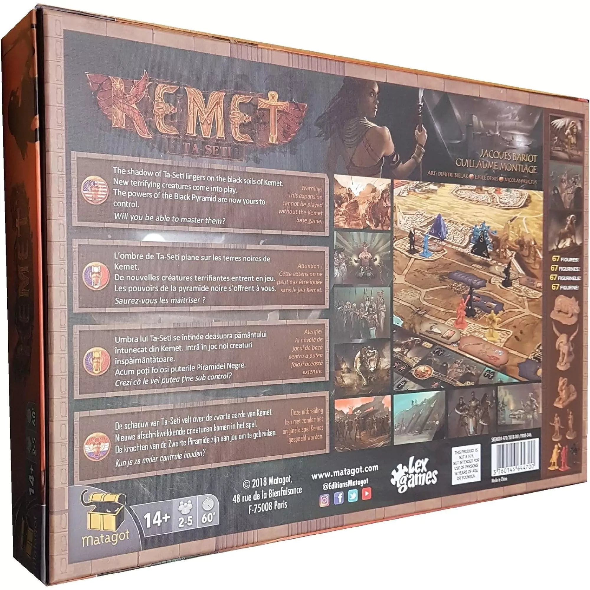 Kemet: Ta-Seti társasjáték doboz hátlapja, játéktábla képekkel, figurákkal és többnyelvű ismertető szöveggel.