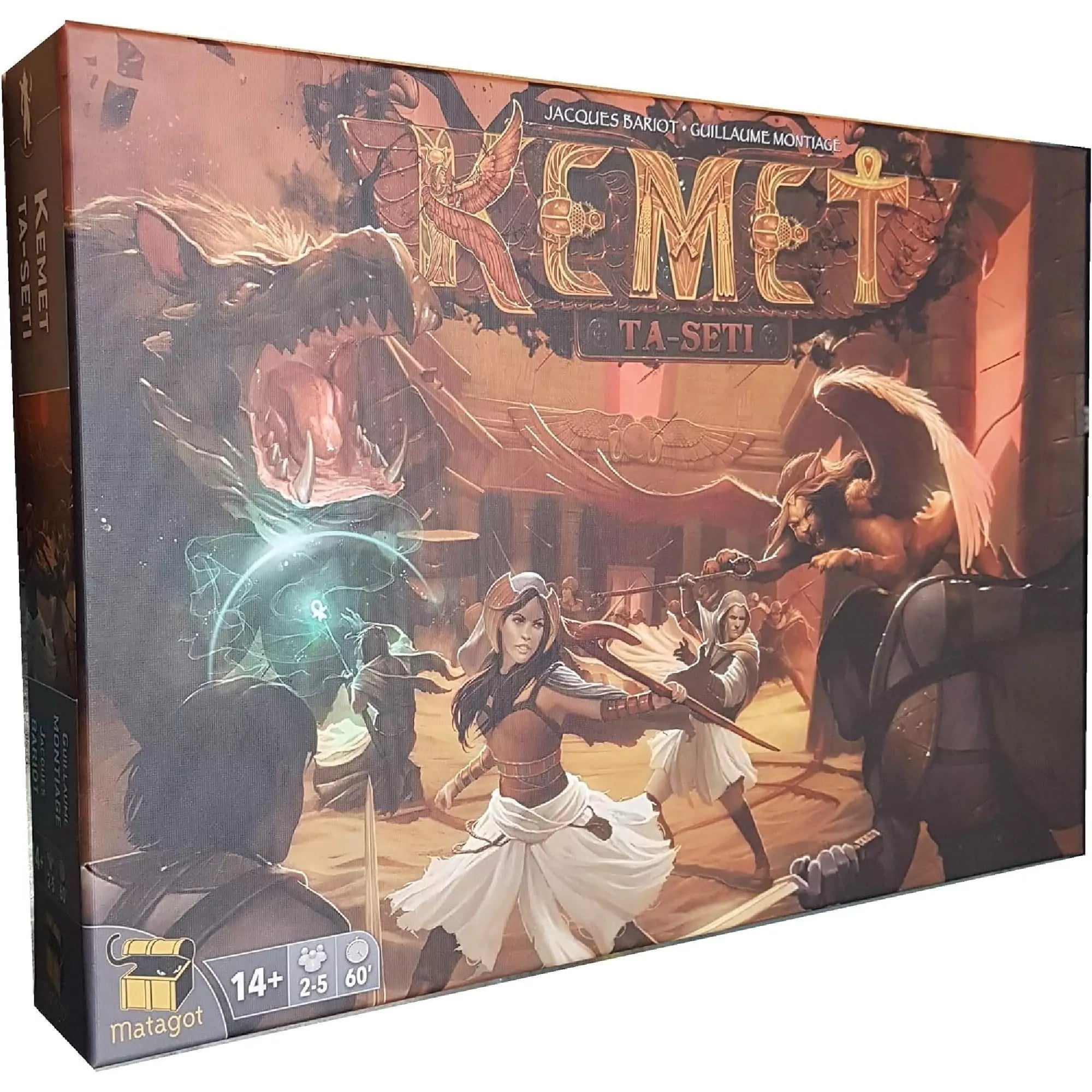 Kemet: Ta-Seti társasjáték doboza, epikus egyiptomi harci jelenettel, ahol hősök és mitikus lények küzdenek a homokban.