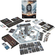 A Frostpunk: The Board Game társasjáték kibontott tartalma, amelyen a hatszög alakú játéktábla, a középen álló generátor makettje, rengeteg kártya, jelölő, fa- és műanyagfigurák, valamint táblák láthatók, a háttérben a játék dobozával.