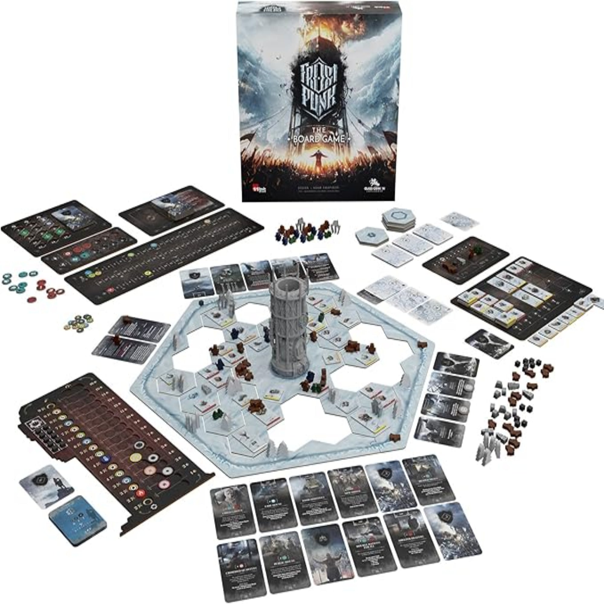 A Frostpunk: The Board Game társasjáték kibontott tartalma, amelyen a hatszög alakú játéktábla, a középen álló generátor makettje, rengeteg kártya, jelölő, fa- és műanyagfigurák, valamint táblák láthatók, a háttérben a játék dobozával.