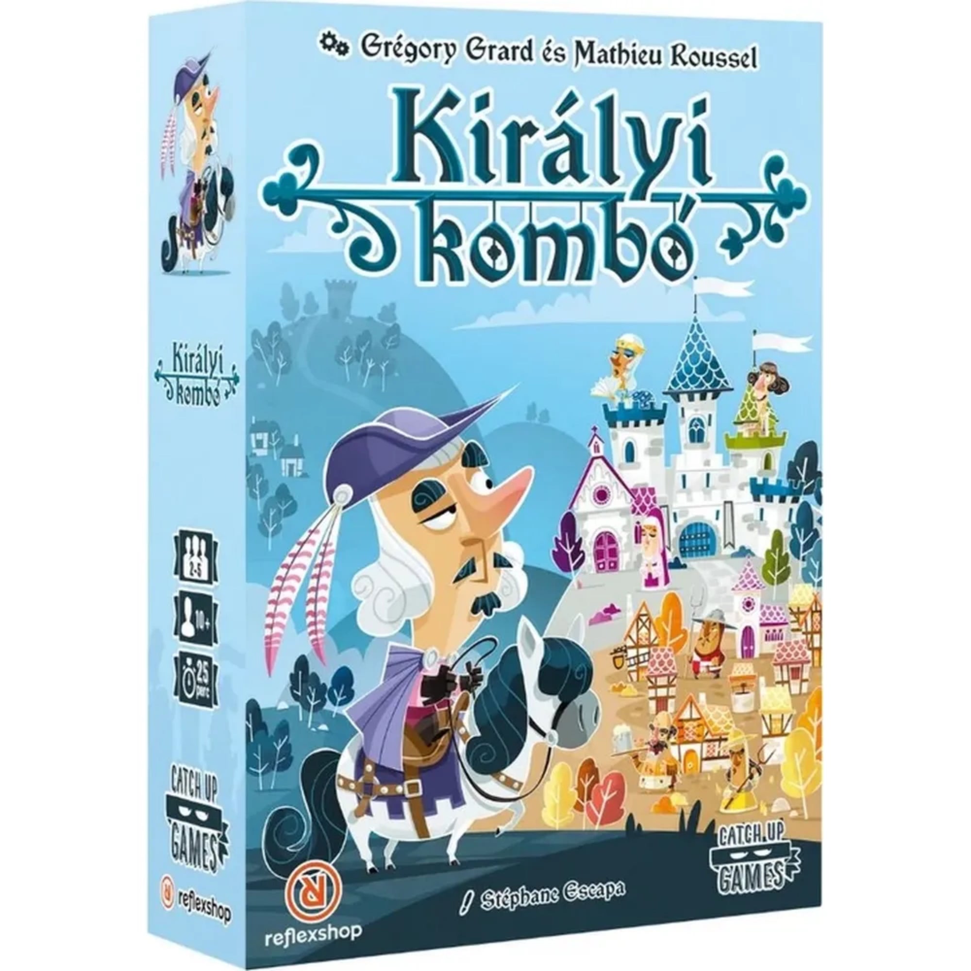 Királyi kombó társasjáték doboza vidám, meseszerű illusztrációval, amelyen a királyi udvar, vár és lovag karakterek láthatók kék háttérrel.