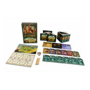 A Kronologic: Cuzco 1450 társasjáték teljes tartalma: játéktábla, karakterkártyák, történetlapok, ceruzák és a díszes doboz, fehér háttér előtt elrendezve.