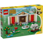 A LEGO Animal Crossing 77056 doboza közelről, látható rajta a múzeum homlokzata, Blathers figura nagyítóval, Froggy horgászbottal, szökőkút, dinócsontváz, gyümölcsfa és tavacska. A dobozon a 7+ korosztályjelzés és a hivatalos Nintendo logó is megjelenik.