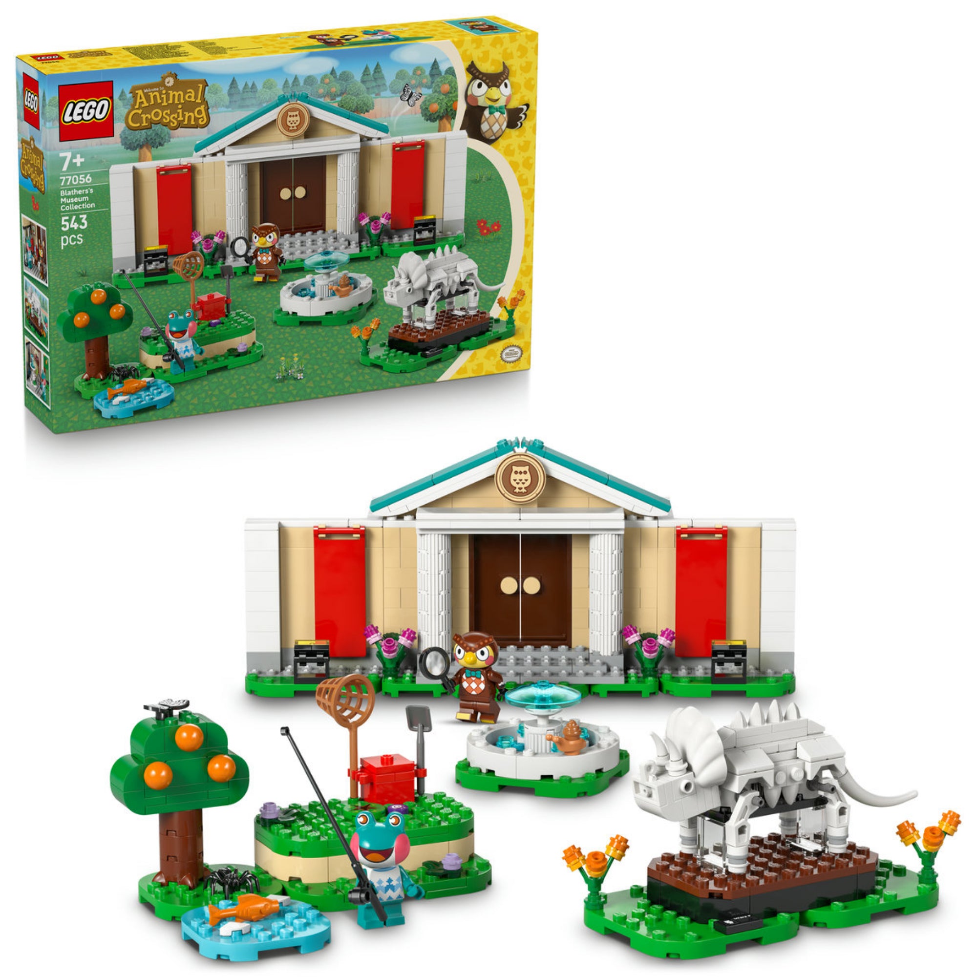 A LEGO 77056 készlet doboza és az összeállított múzeumi jelenet együtt látható: előtérben a részletes elemek és karakterek, háttérben a sárga doboz dizájnja, az Animal Crossing logóval, bagoly illusztrációval és a 543 darabos jelöléssel.