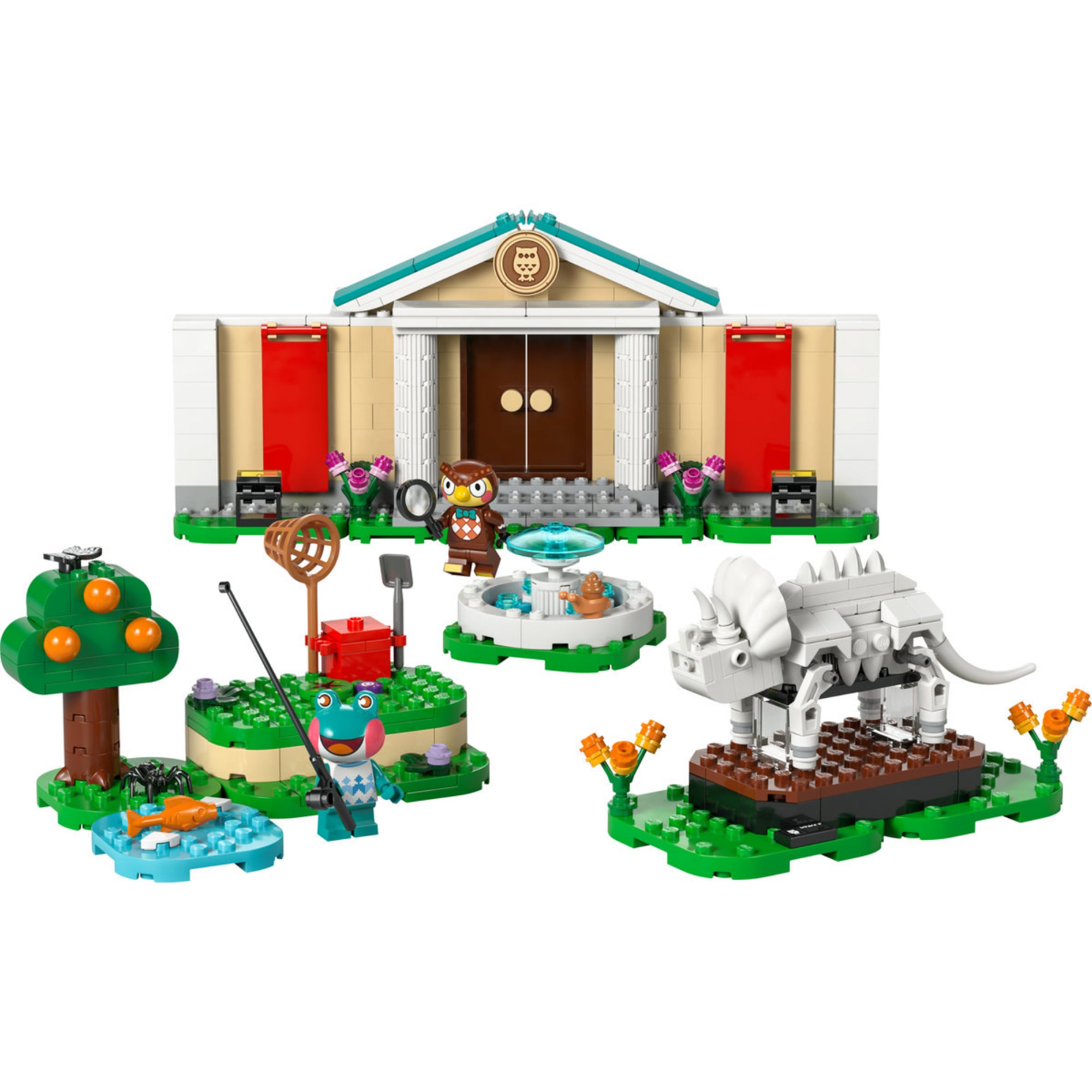 A LEGO Animal Crossing Blathers múzeumi gyűjteménye (77056) készlet teljes tartalma: az oszlopos múzeumépület bagoly emblémával, két figura (Blathers és Froggy), dinoszaurusz csontváz, gyümölcsfa, horgászbot, háló, szökőkút és különböző kültéri jelenetek.