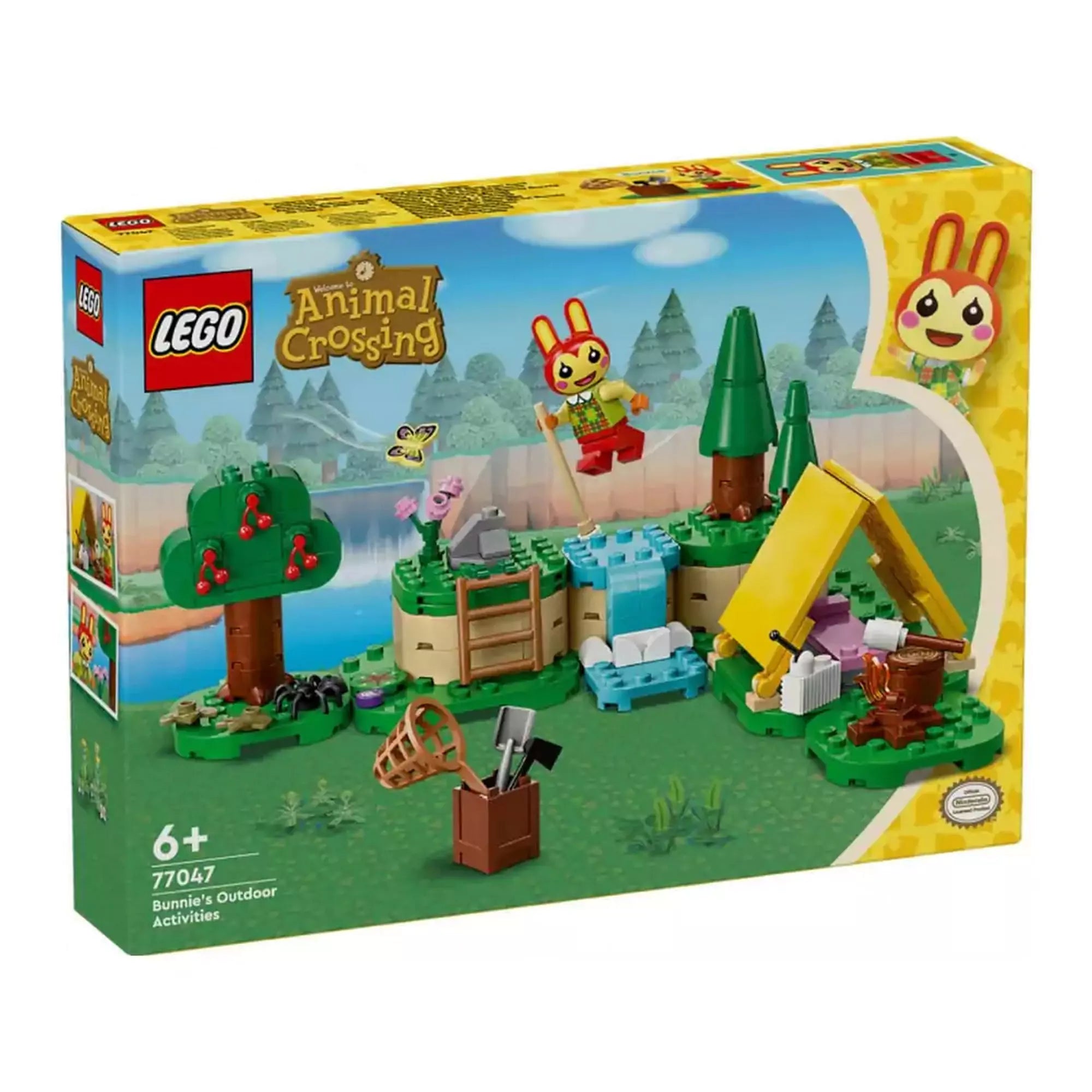 LEGO Animal Crossing Bunnie szabadtéri tevékenységei (77047) dobozkép – A LEGO Animal Crossing készlet doboza, amely Bunnie karakterét, egy erdei sátort, cseresznyefát és vízesést ábrázol egy festői háttérrel.