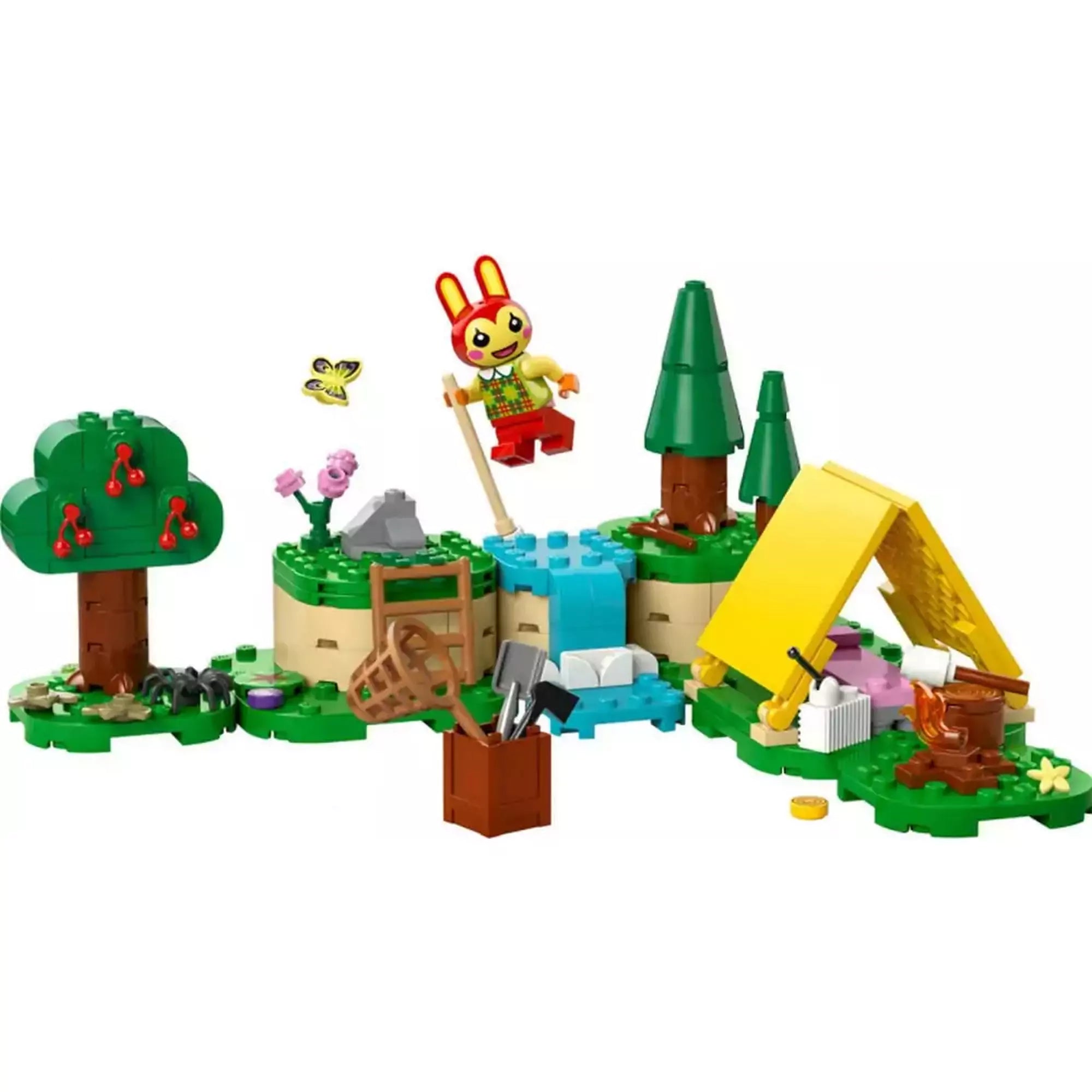 LEGO Animal Crossing Bunnie szabadtéri tevékenységei (77047) épített jelenet – Összeállított LEGO jelenet Bunnie figurával, sátrazós kempinggel, vízeséssel, cseresznyefával és különféle kempinges kiegészítőkkel.