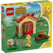 A LEGO Animal Crossing 77058 készlet doboza közelről, előtérben a Goldie figura, a kis házikó, pihenőpad, levelek, postaláda és gyűjtői részlet – 149 darabos készlet 6 éves kortól, hivatalos Nintendo termék.
