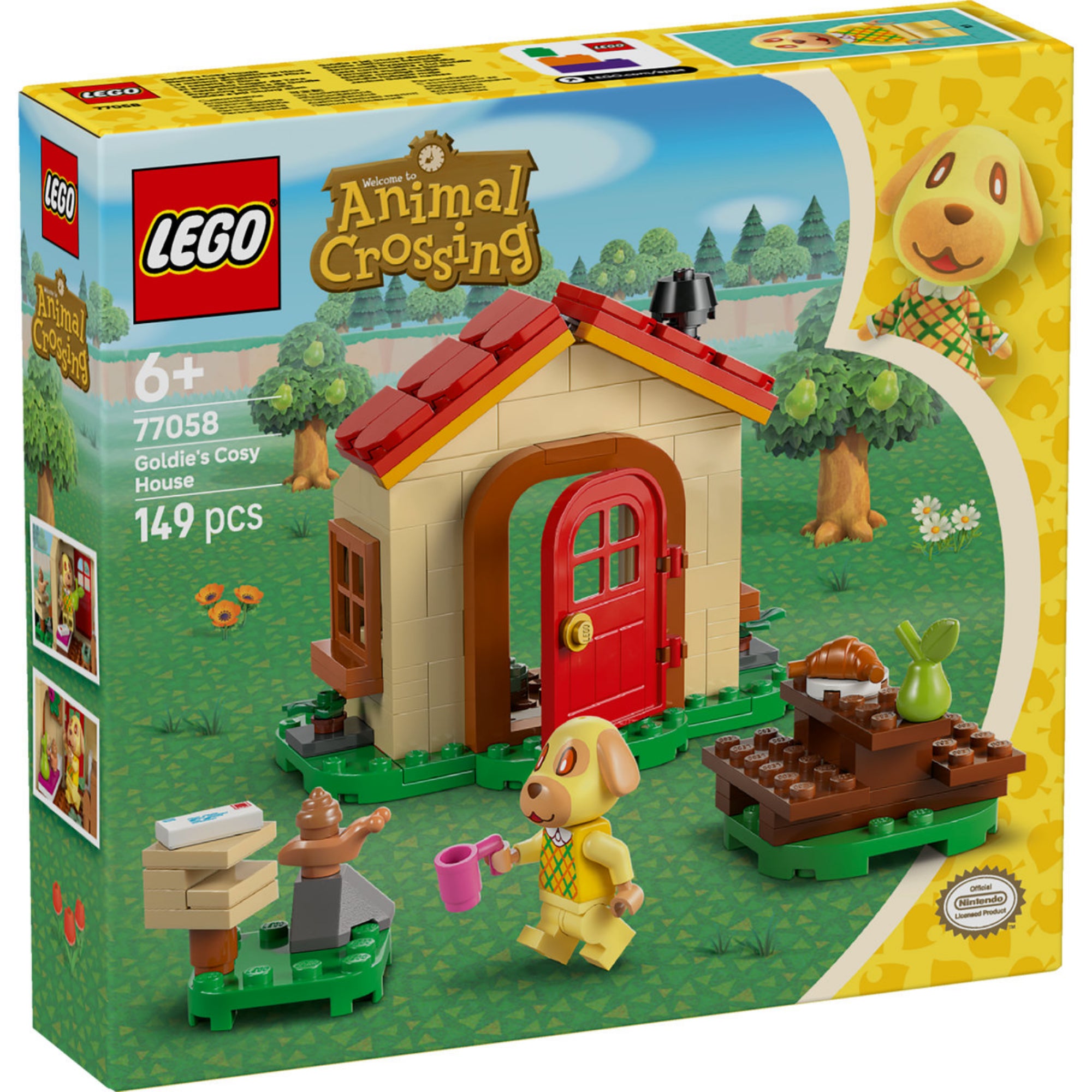 A LEGO Animal Crossing 77058 készlet doboza közelről, előtérben a Goldie figura, a kis házikó, pihenőpad, levelek, postaláda és gyűjtői részlet – 149 darabos készlet 6 éves kortól, hivatalos Nintendo termék.