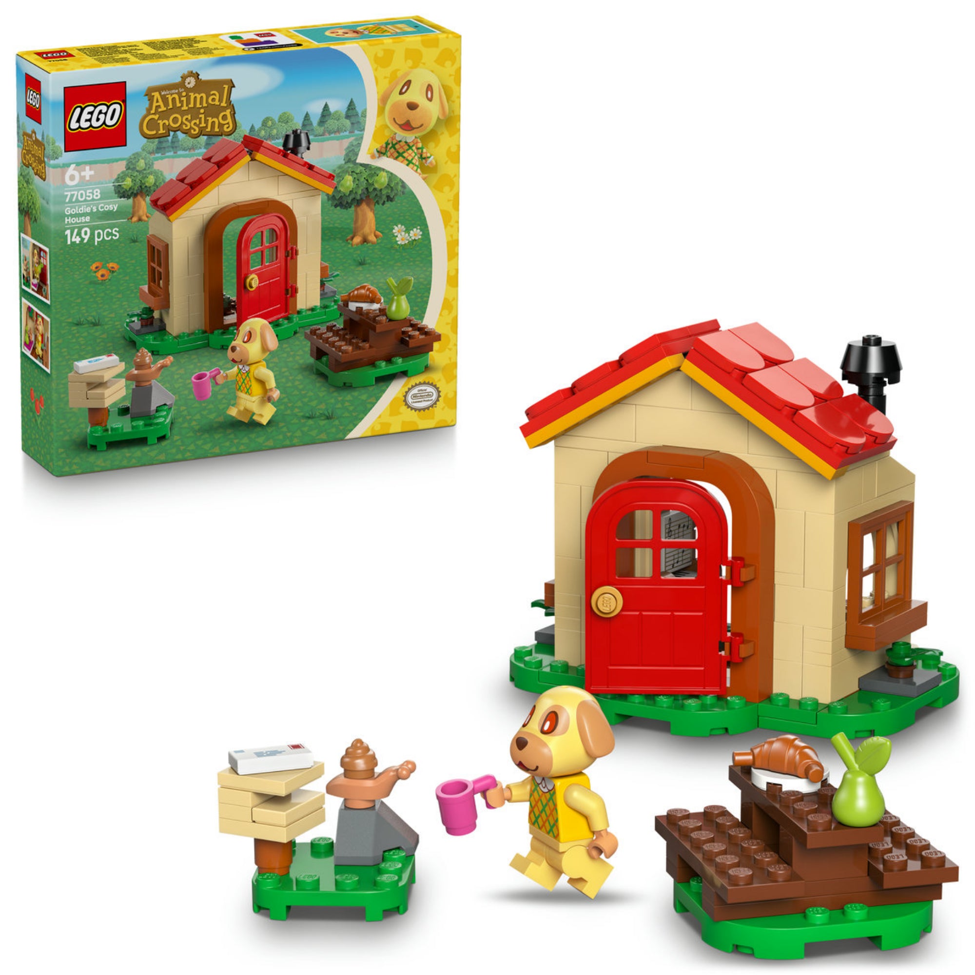 A LEGO 77058 készlet doboza és az összeépített Goldie otthonos házikója jelenet együtt, Goldie kutyafigura a ház előtt, háttérben fákkal, virágokkal és a doboz dizájnján a sárga alapszín és Animal Crossing logó látható.