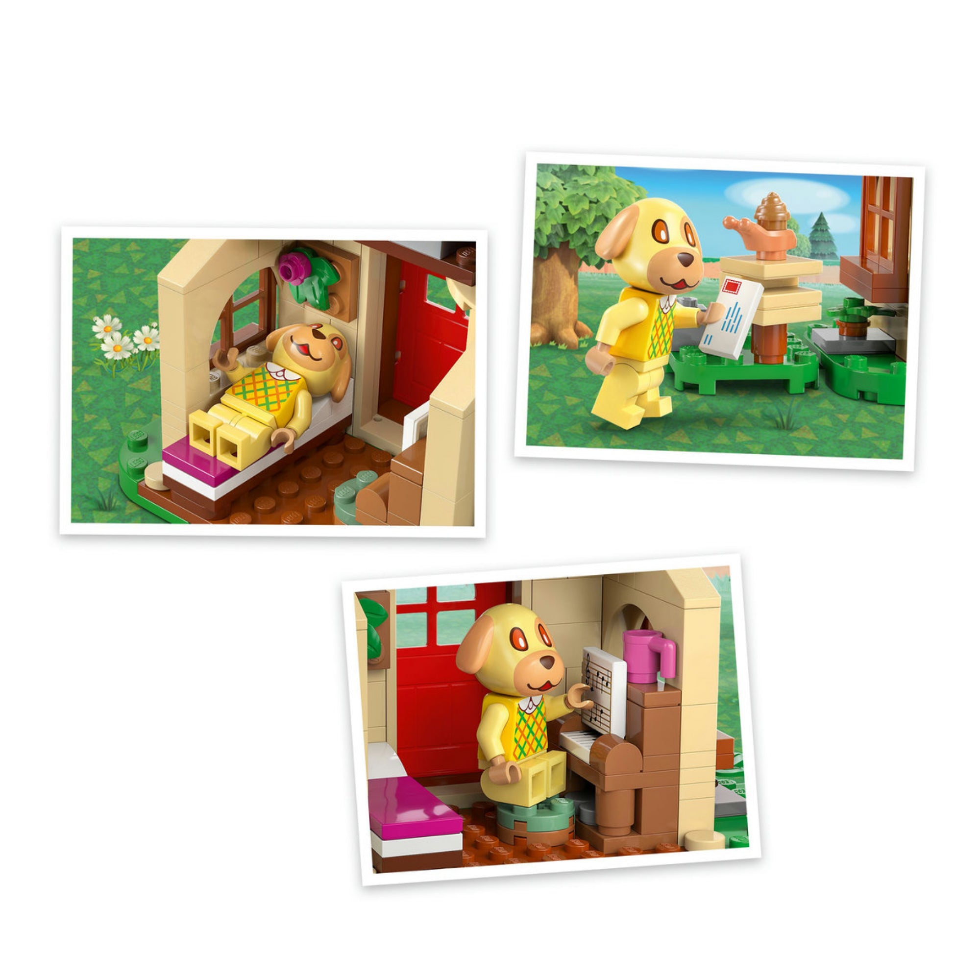 Montázskép a LEGO Animal Crossing Goldie otthonos házikója készlet jeleneteiből: Goldie az ágyban pihen, levelet vesz ki a postaládából, és zongorázik miközben bögrét tart a kezében.