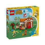 LEGO Animal Crossing Isabelle házhoz megy (77049) dobozkép – A LEGO Animal Crossing készlet doboza, amelyen Isabelle és Fauna szereplők láthatók a kis ház és kerti kiegészítők mellett, zöld rétes háttérrel.