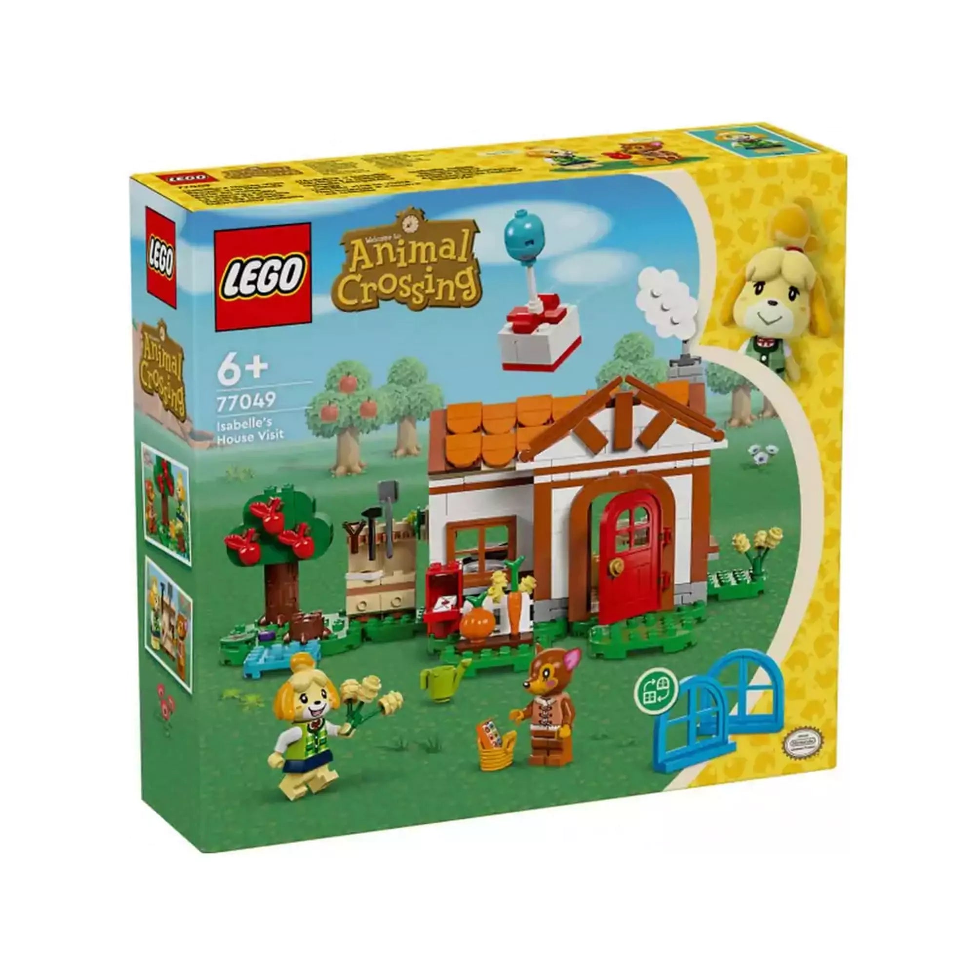 LEGO Animal Crossing Isabelle házhoz megy (77049) dobozkép – A LEGO Animal Crossing készlet doboza, amelyen Isabelle és Fauna szereplők láthatók a kis ház és kerti kiegészítők mellett, zöld rétes háttérrel.