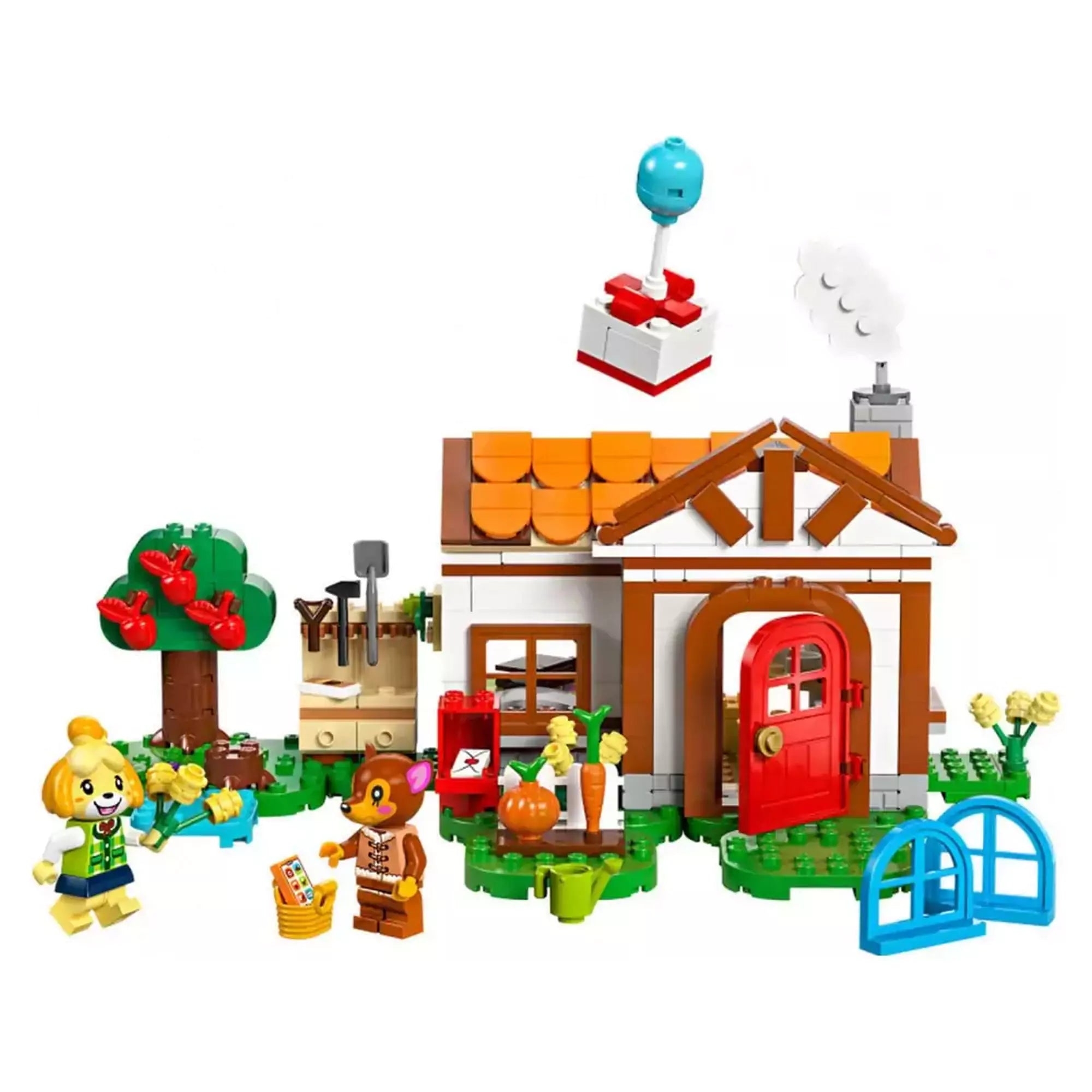 LEGO Animal Crossing Isabelle házhoz megy (77049) épített jelenet – Összeállított LEGO jelenet Isabelle és Fauna karakterekkel, piros ajtós házzal, almás fával, kerttel és lufis ajándékdobozzal.