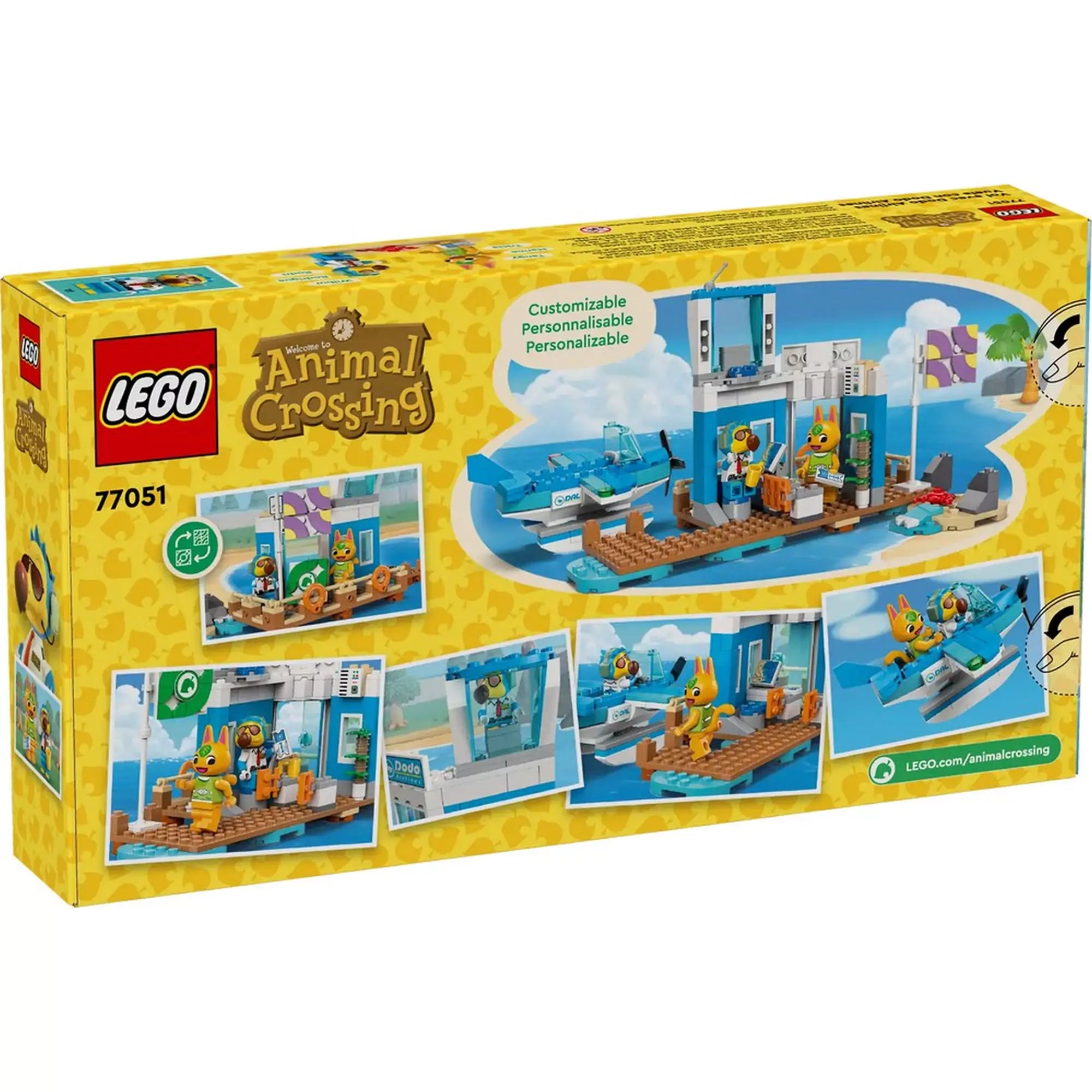LEGO Animal Crossing: Repülj a Dodo Airlines fedélzetén (77051) doboz hátoldala, a játszható jelenetekkel és testreszabható elemek bemutatásával.