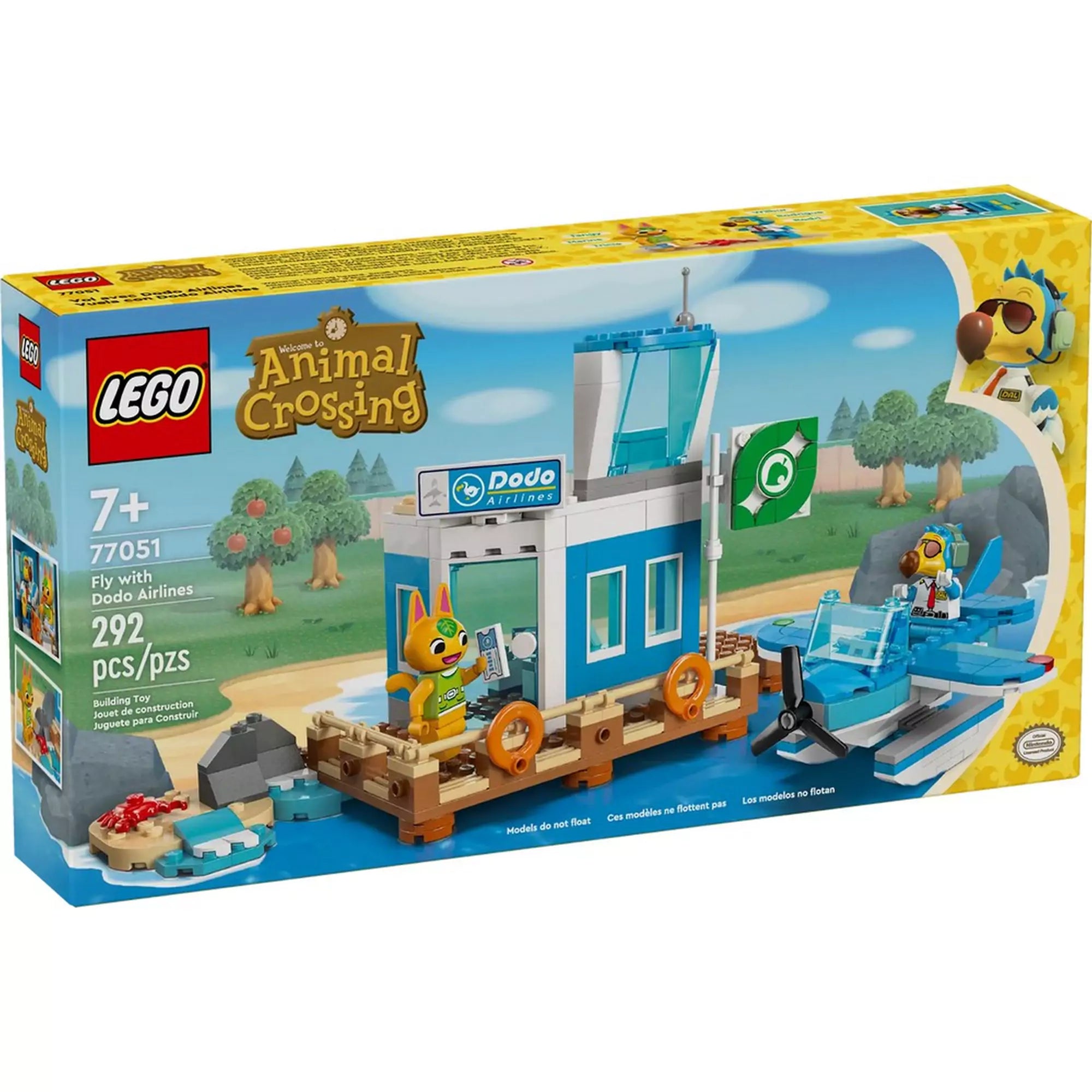 GO Animal Crossing: Repülj a Dodo Airlines fedélzetén (77051) doboz elölnézete, rajta a karakterekkel, a kikötőállomással és a hidroplánnal.