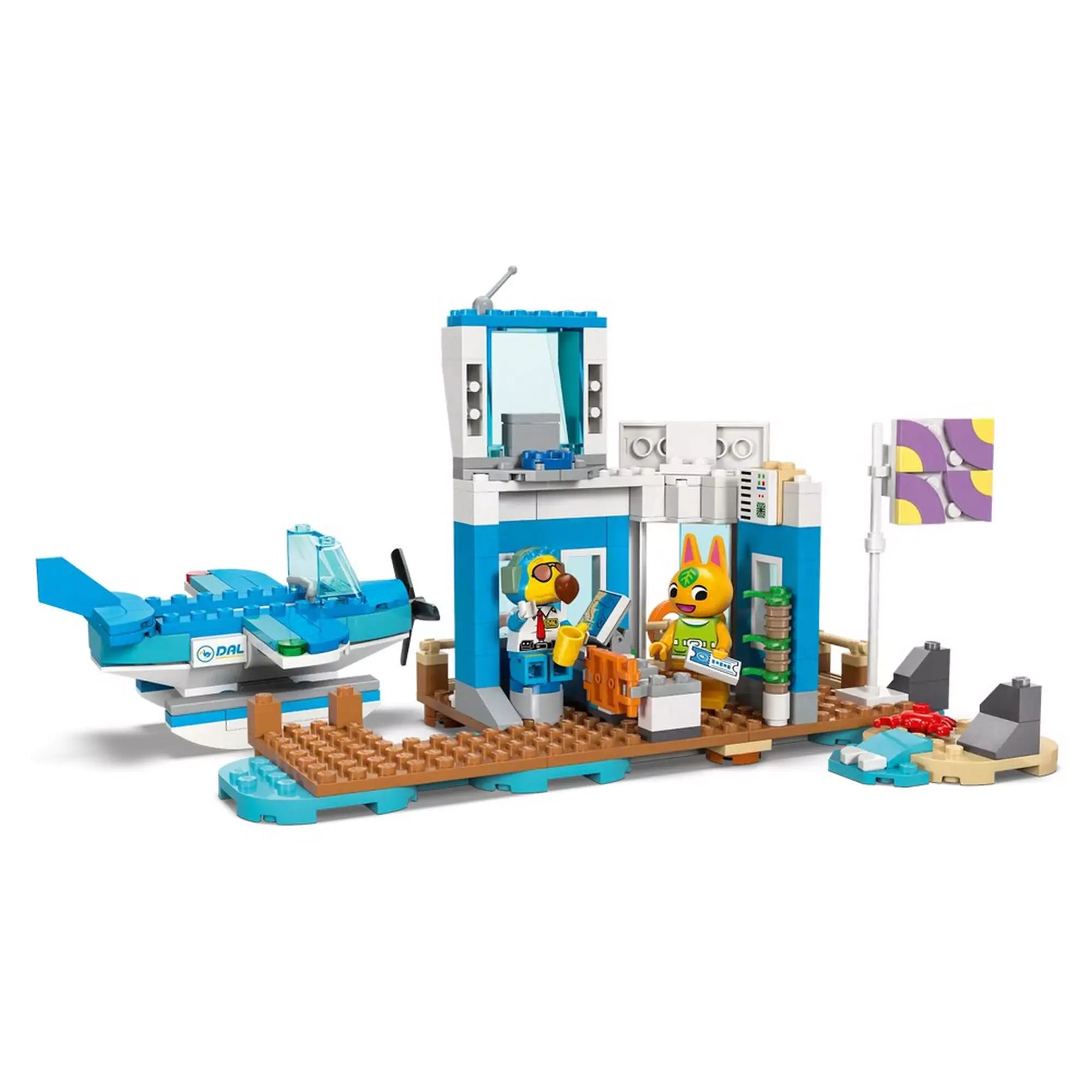 A LEGO Animal Crossing: Repülj a Dodo Airlines fedélzetén (77051) teljesen felépített jelenete hidroplánnal, terminállal, zászlóval és két minifigurával.