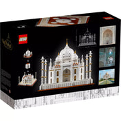 LEGO Architecture Taj Mahal (21056) készlet dobozának hátoldala, rajta a modell méreteivel, valódi fotókkal a Taj Mahal-ról, valamint építészeti tervrajzzal.