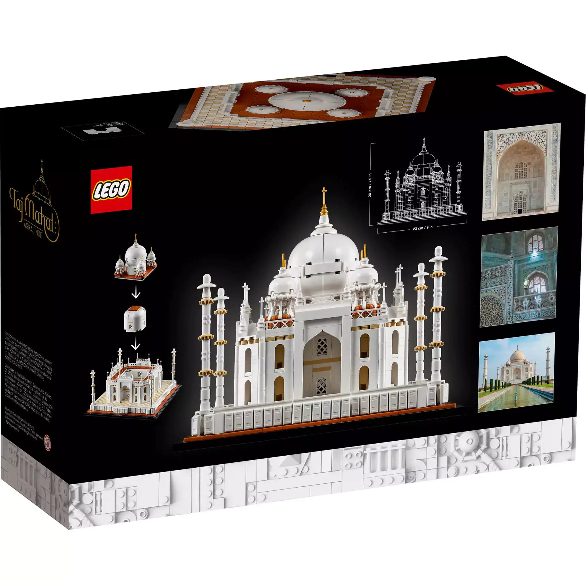 LEGO Architecture Taj Mahal (21056) készlet dobozának hátoldala, rajta a modell méreteivel, valódi fotókkal a Taj Mahal-ról, valamint építészeti tervrajzzal.