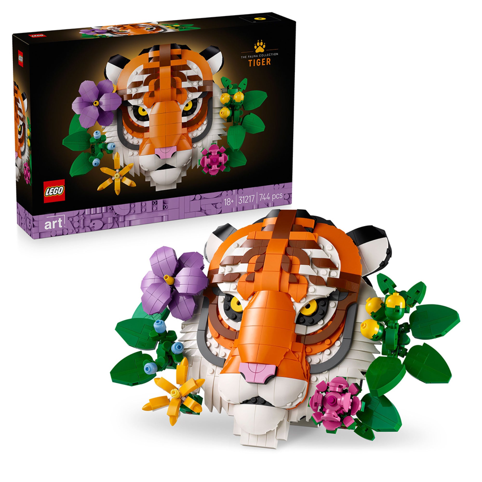 A LEGO Art: Tigris (31217) készlet, amely tartalmazza a teljesen összerakott tigrisfejet és a dobozát, színes növénydíszekkel kiegészítve.