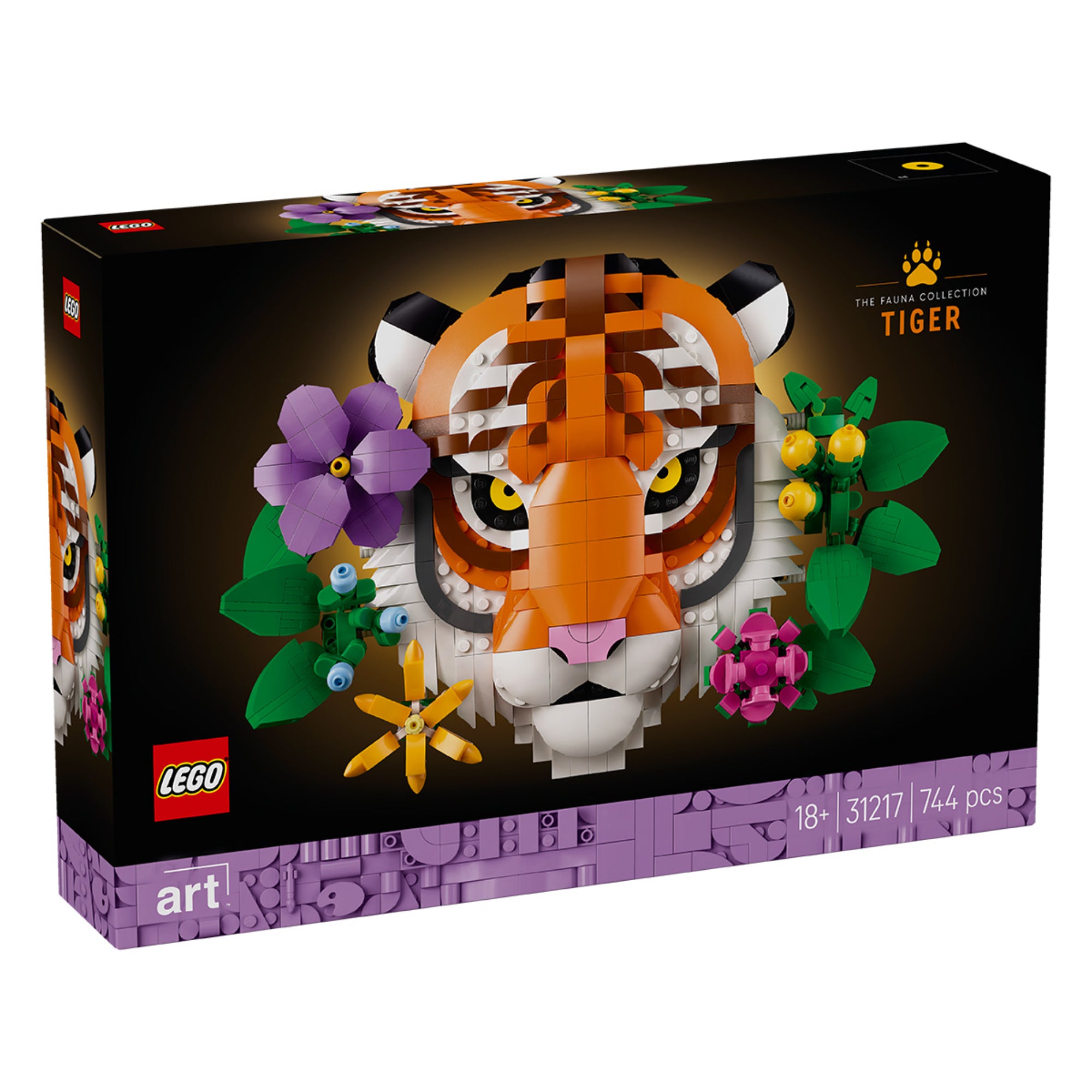A LEGO Art: Tigris (31217) készlet doboza, középpontban a részletesen megépített tigrisfej színes virágokkal körülvéve, fekete háttérrel.