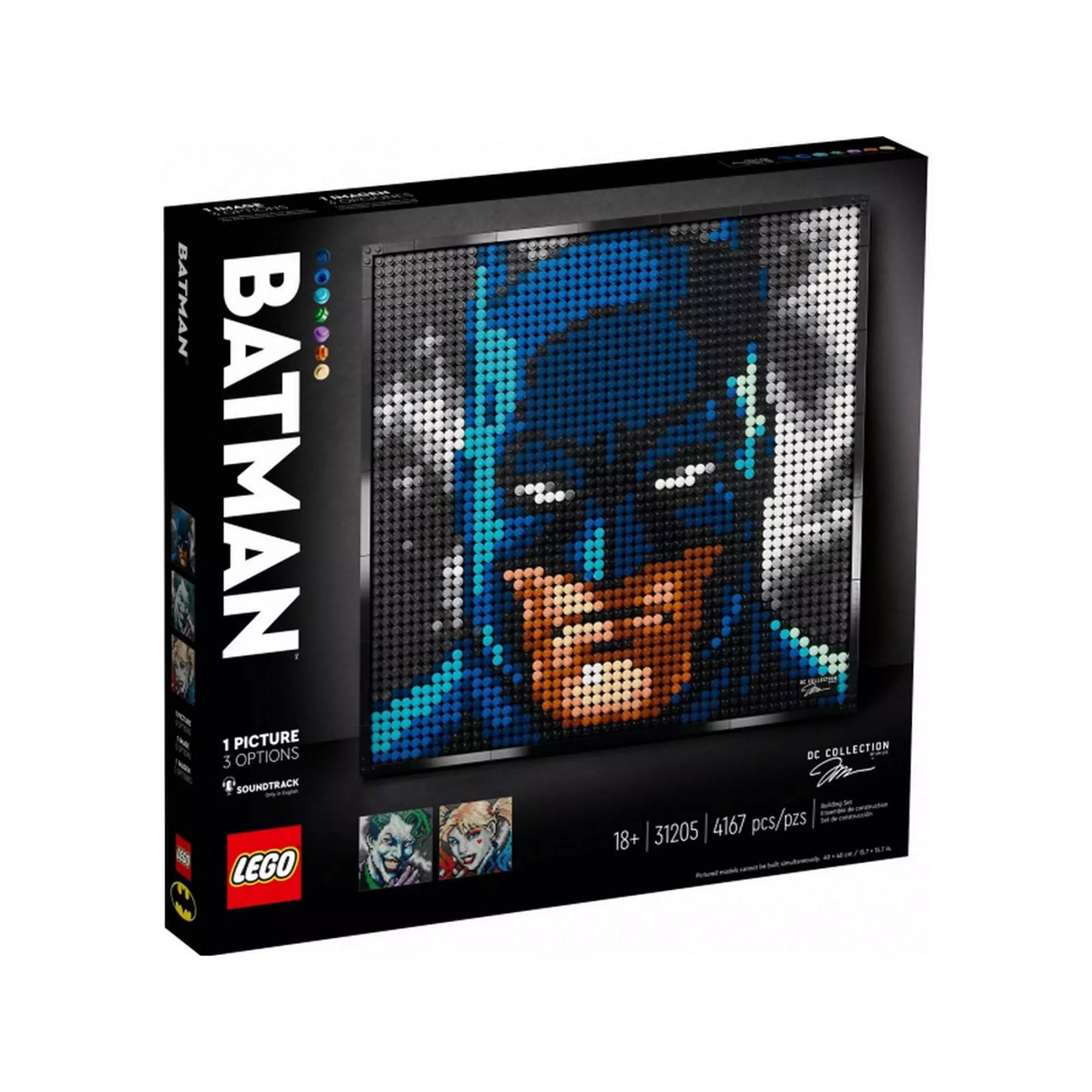 A LEGO Art Batman (31205) készlet doboza, amelyen Batman portréja látható pixel-art stílusban; a doboz sarkán három választható kép is megjelenik: Batman, Joker és Harley Quinn.