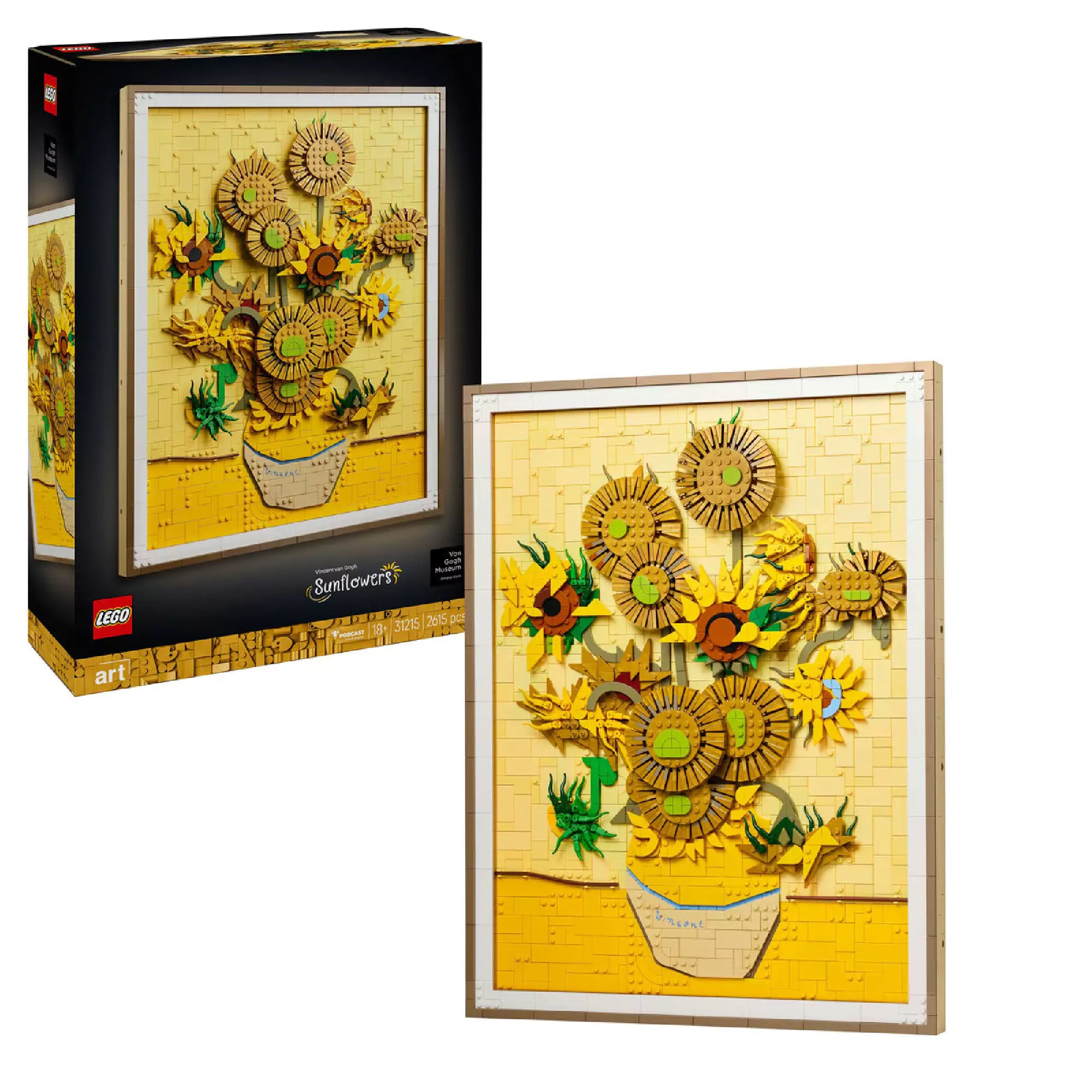 LEGO Art Vincent van Gogh: Napraforgók (31215) készlet doboza és a megépített, részletes 3D-s hatású sárga napraforgó kompozíció falikép, LEGO elemekből.