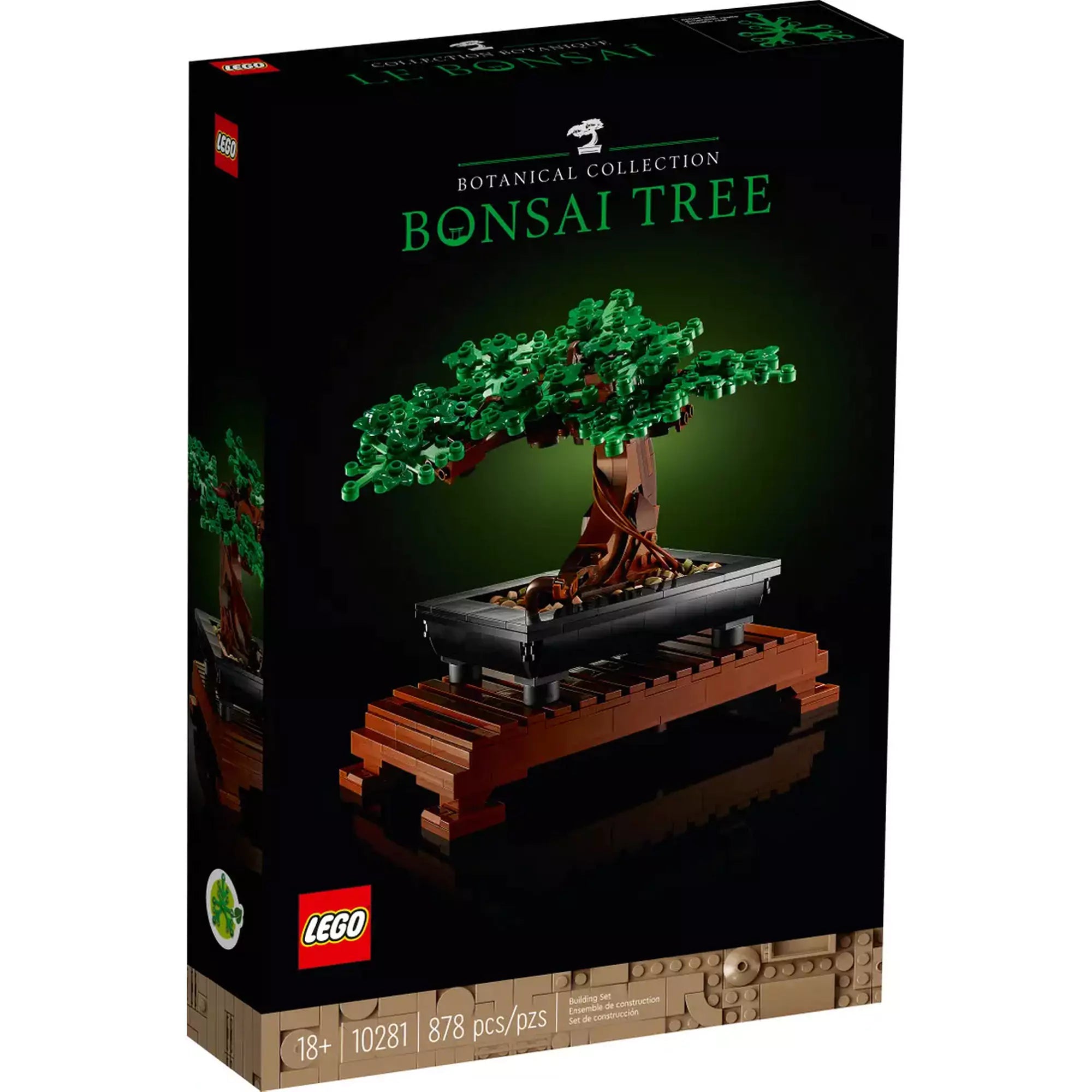 LEGO Botanical Collection 10281 Bonsai Tree doboz képe, rajta zöld lombos bonsai fával egy faállványon.
