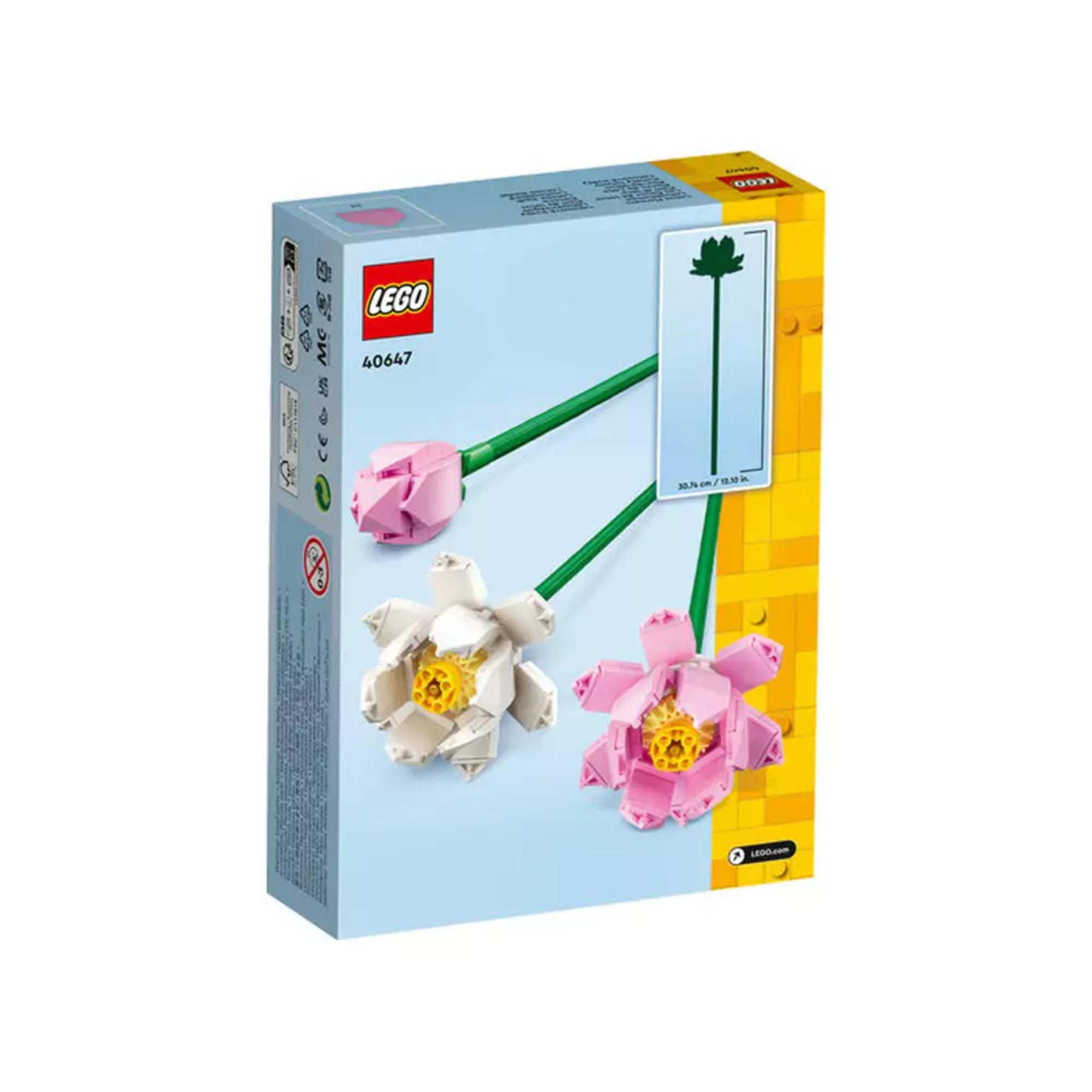 A LEGO Lotus Flowers (40647) készlet doboza hátulnézetből, rajta három szárra szerelt lótuszvirág látható, rózsaszín és fehér szirmokkal, valamint egy méretarányos illusztrációval.