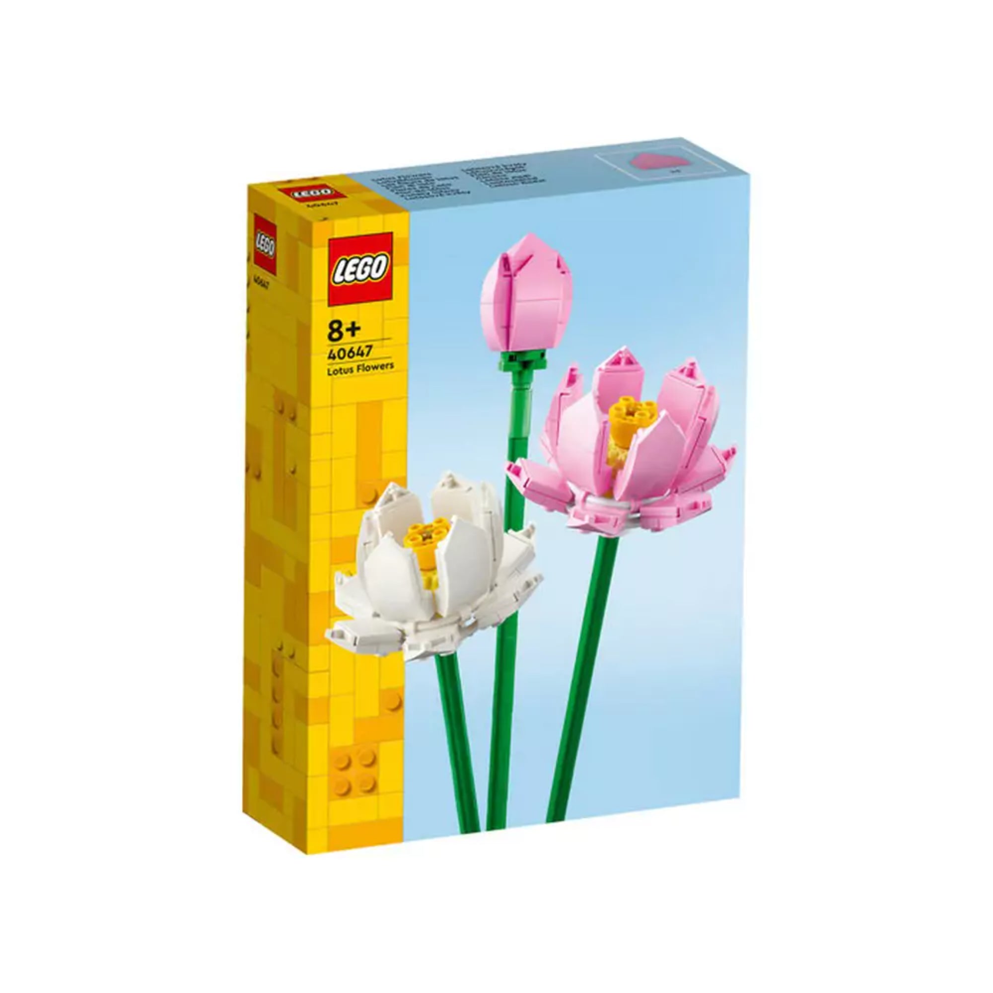 A LEGO Lotus Flowers (40647) készlet doboza elölnézetből, rajta három elegáns lótuszvirág: egy bimbó és két teljesen kinyílt virág fehér és rózsaszín szirmokkal.