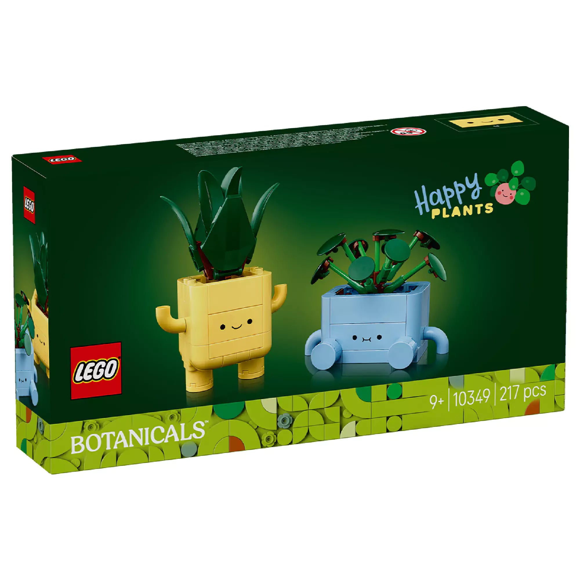 LEGO Happy Plants (10349) dobozkép két aranyos, mosolygós virágcseréppel: egy sárga két lábon álló, és egy kék gurulós virágcserép zöld növényekkel.