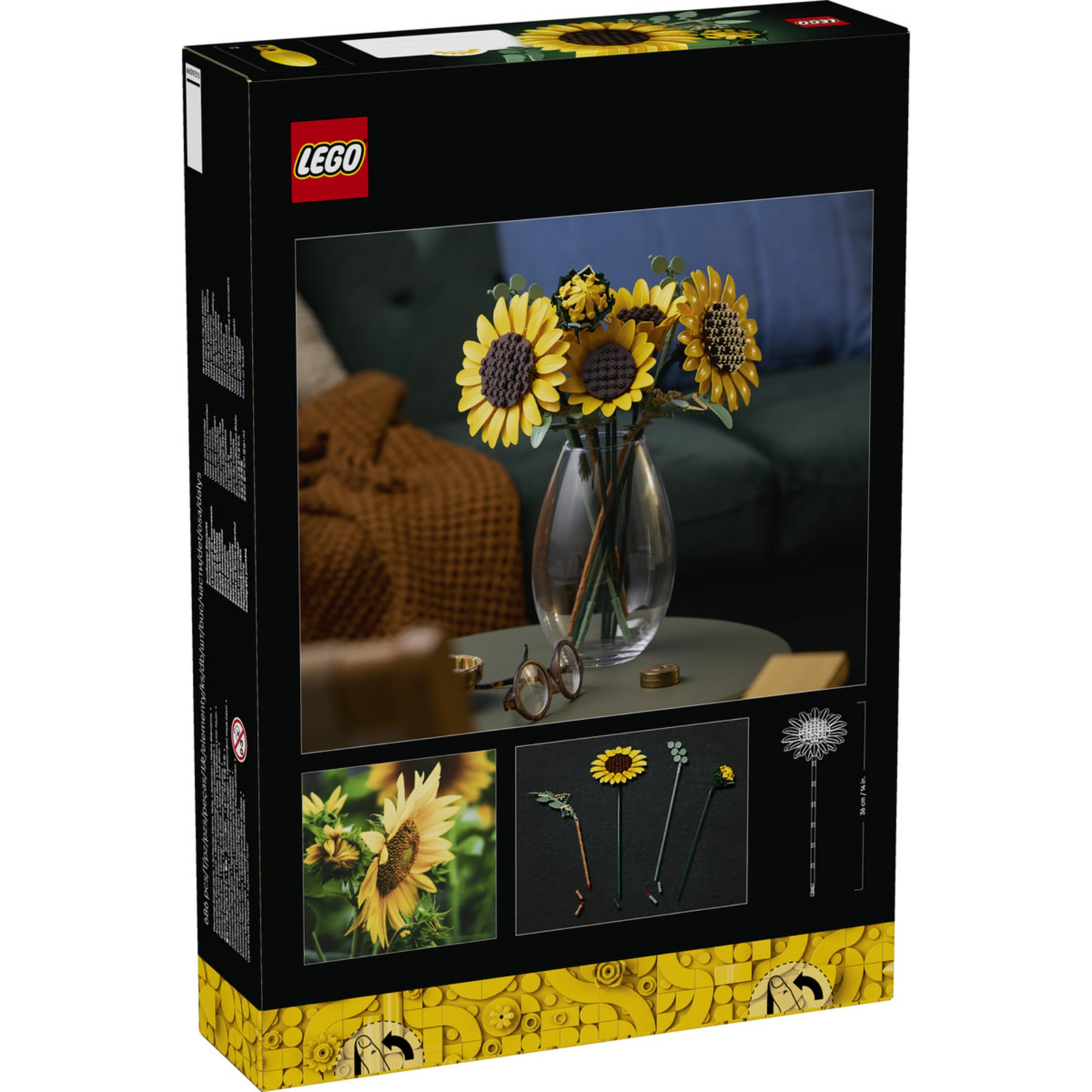 LEGO Botanicals Sunflower Bouquet 11502 készlet dobozának hátoldala, amely a LEGO napraforgó csokor dekorációs megjelenését és építési részleteit mutatja.