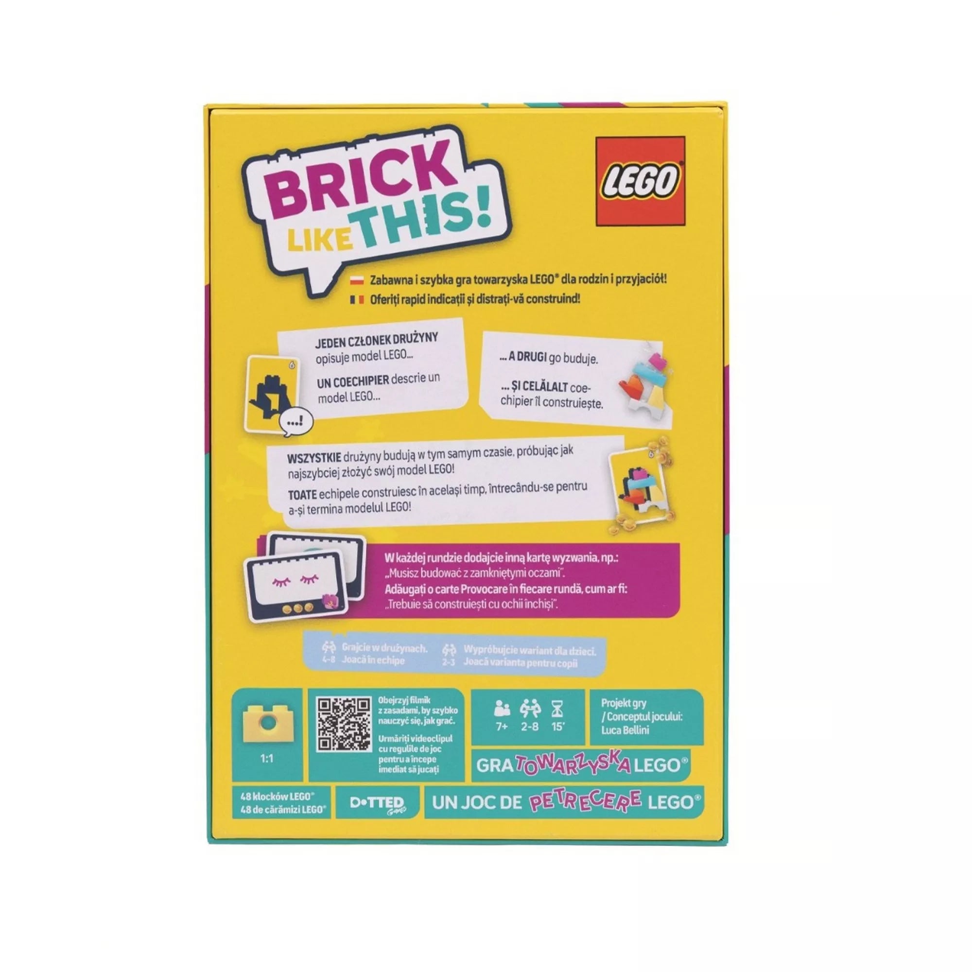 A LEGO Brick Like This! társasjáték dobozának hátoldala, amely bemutatja a játék menetét: az egyik játékos leírja, a másik megépíti a LEGO modellt, miközben időre zajlik a verseny.