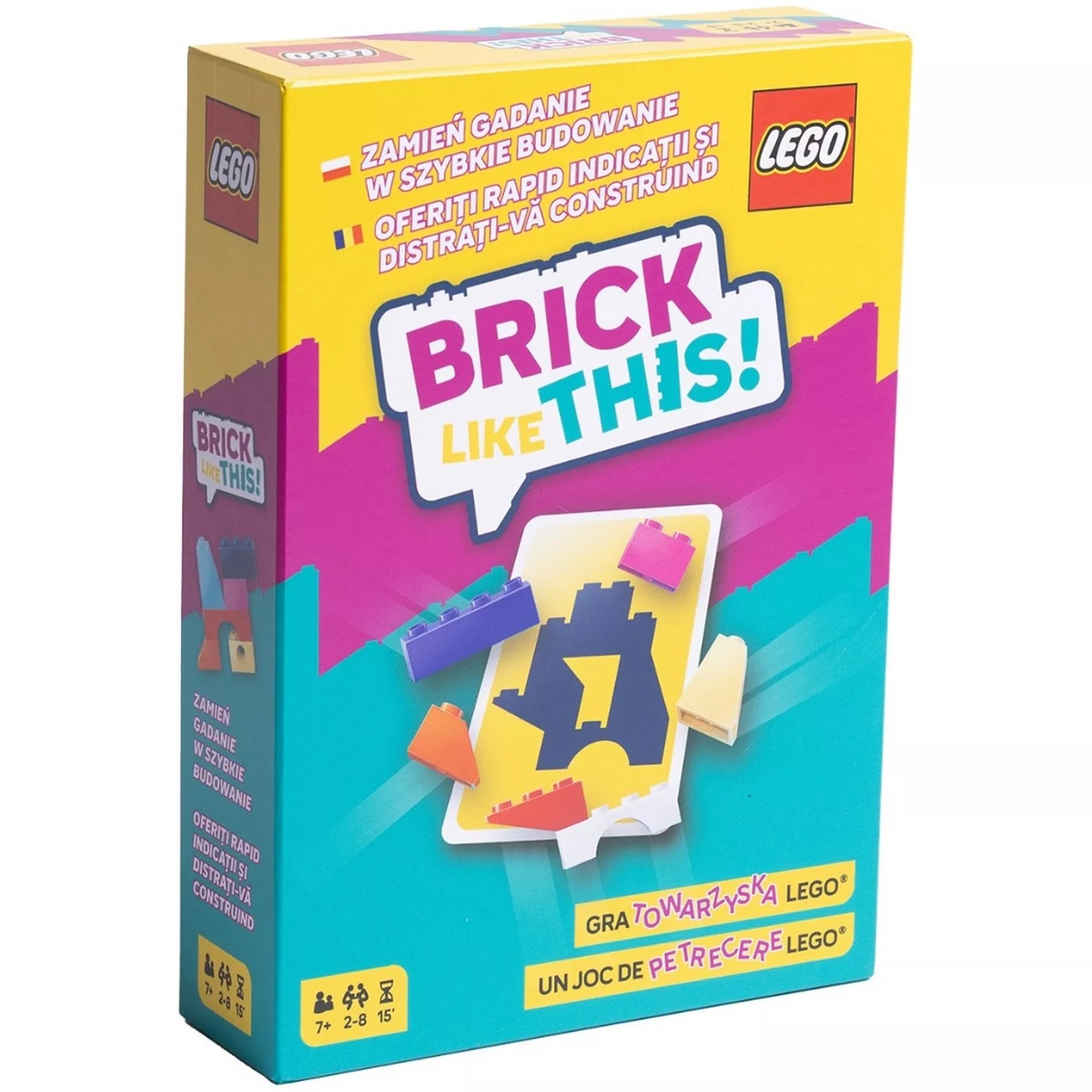 A LEGO Brick Like This! társasjáték színes doboza, amelyen LEGO elemek és kártyák láthatók vidám, sárga-rózsaszín-kék háttér előtt.